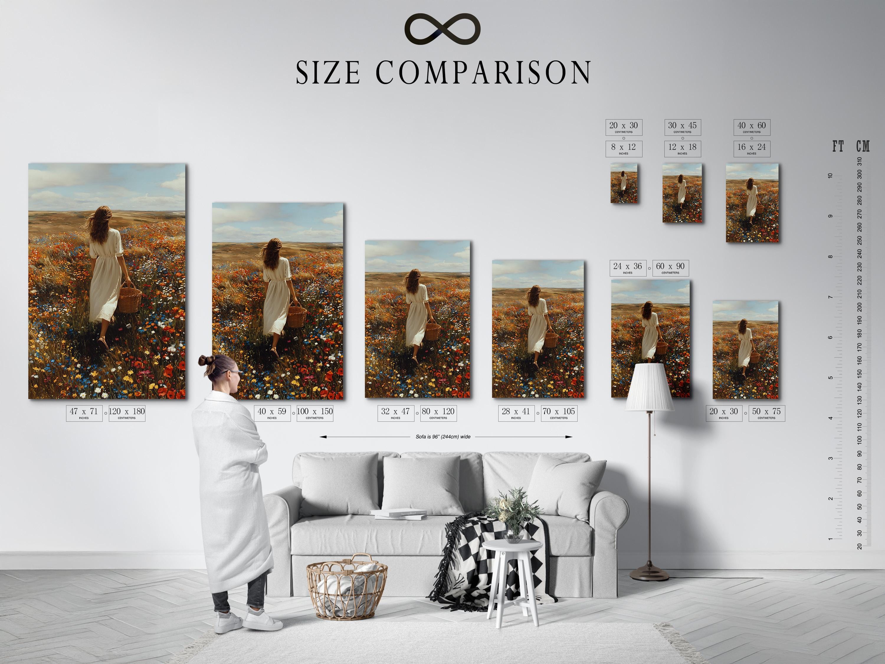 Mockup showing framed wildflower meadow artwork with a woman walking in a field of flowers