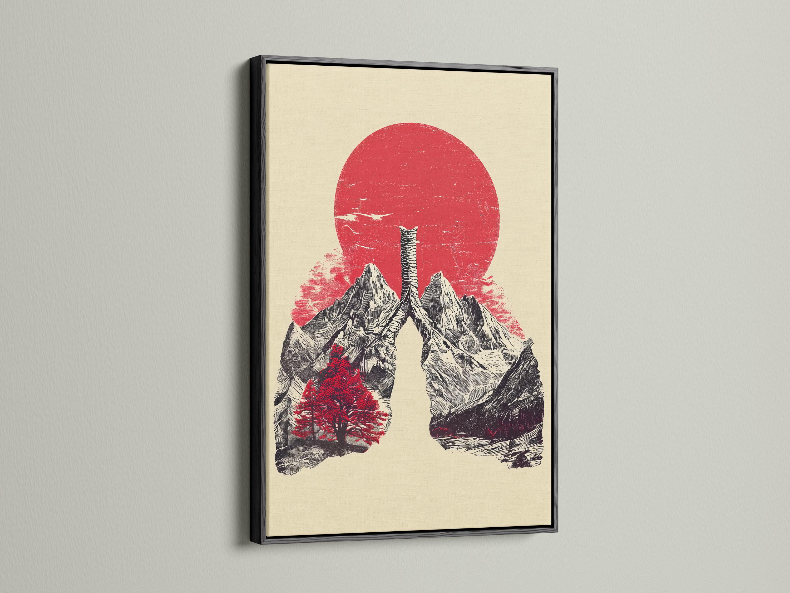 Mountain landscape artwork with a red sun, monochrome peaks, and a ribcage-like figure detail view