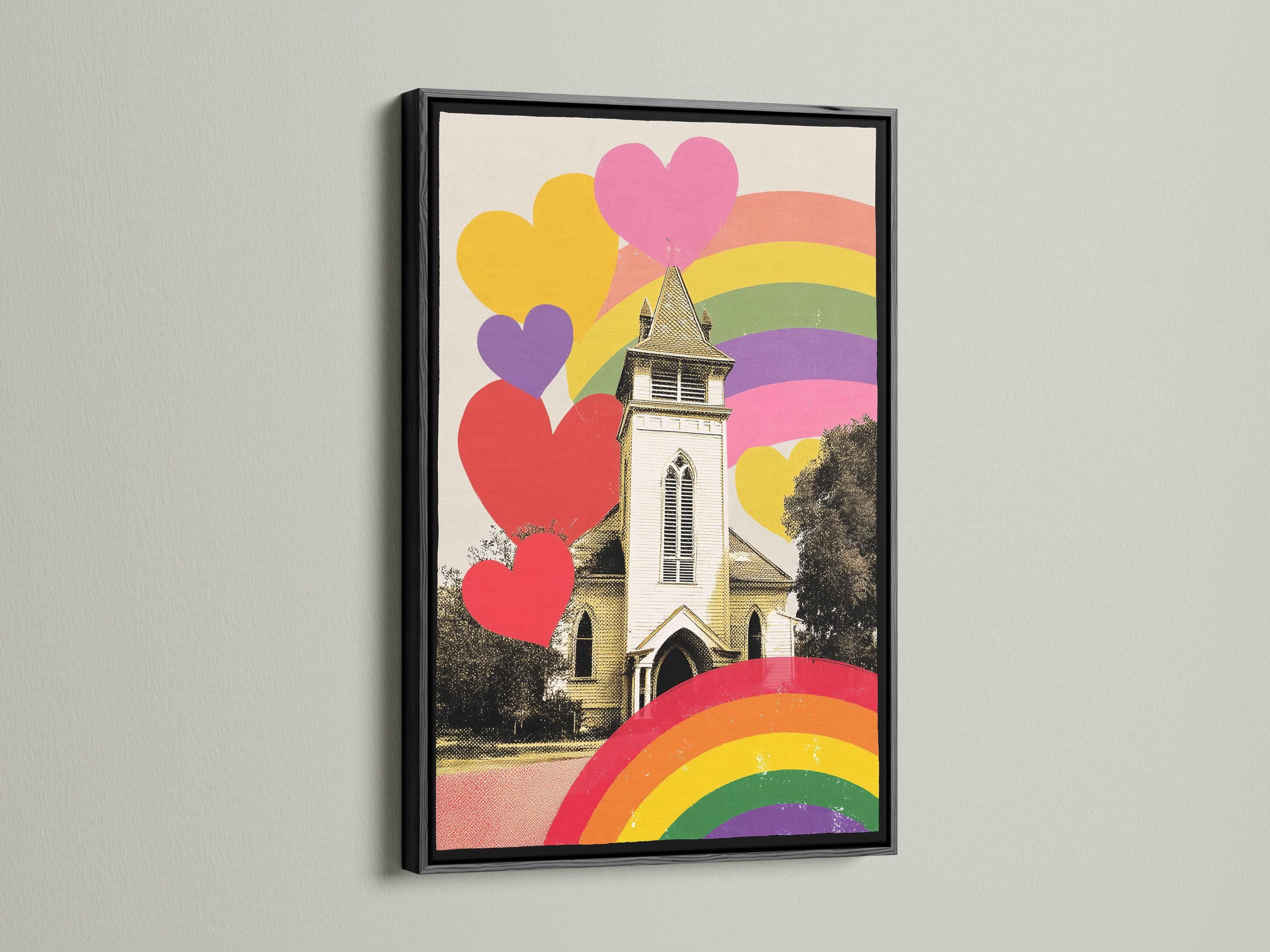 A person holding a mug sitting in a bedroom with a framed rainbow hearts church artwork on the wall