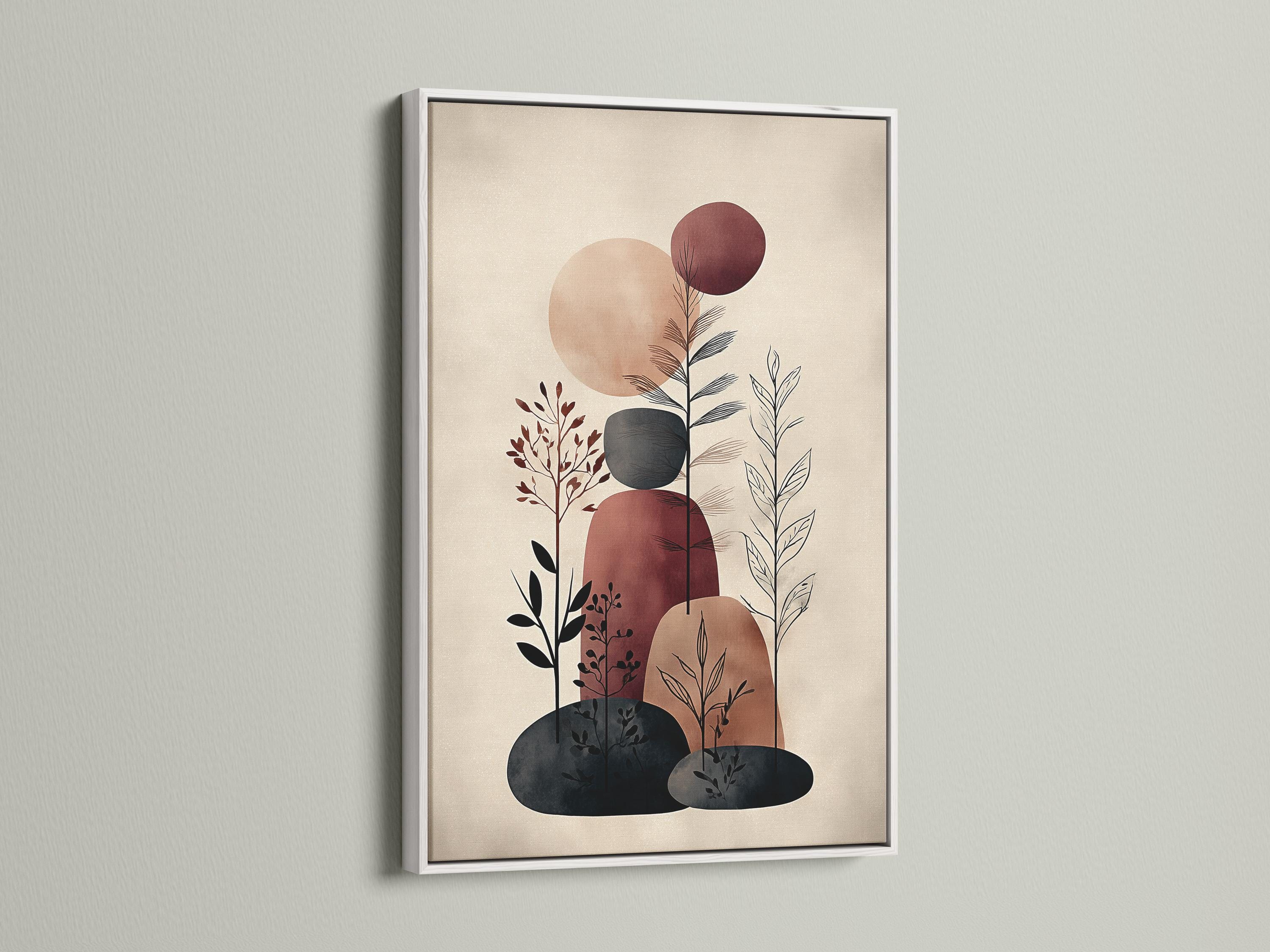 Abstract botanical illustration with beige background, terracotta and burgundy circles, and charcoal plant stems detail view