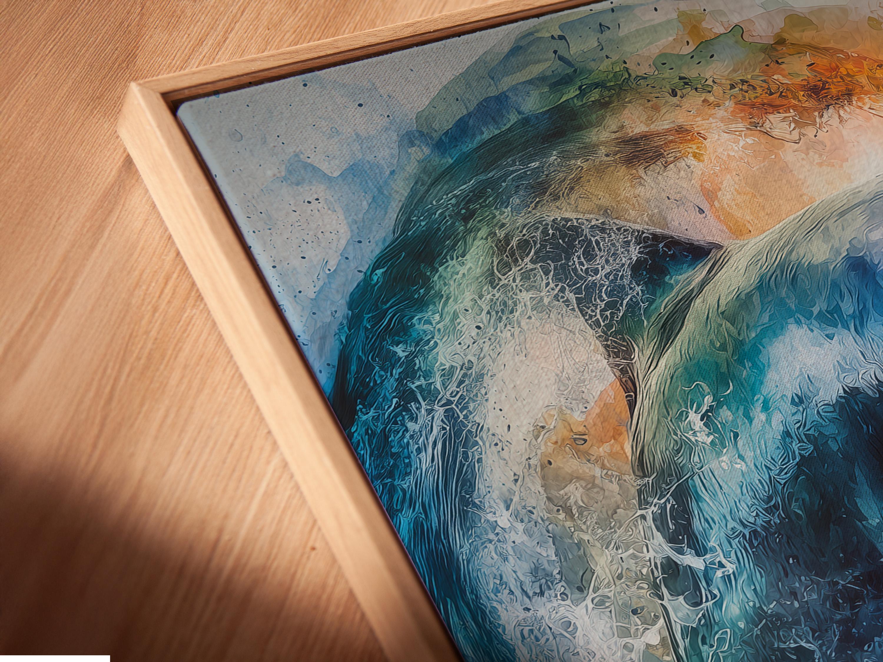 Mockup of blue dolphin ocean artwork shown in a framed layout