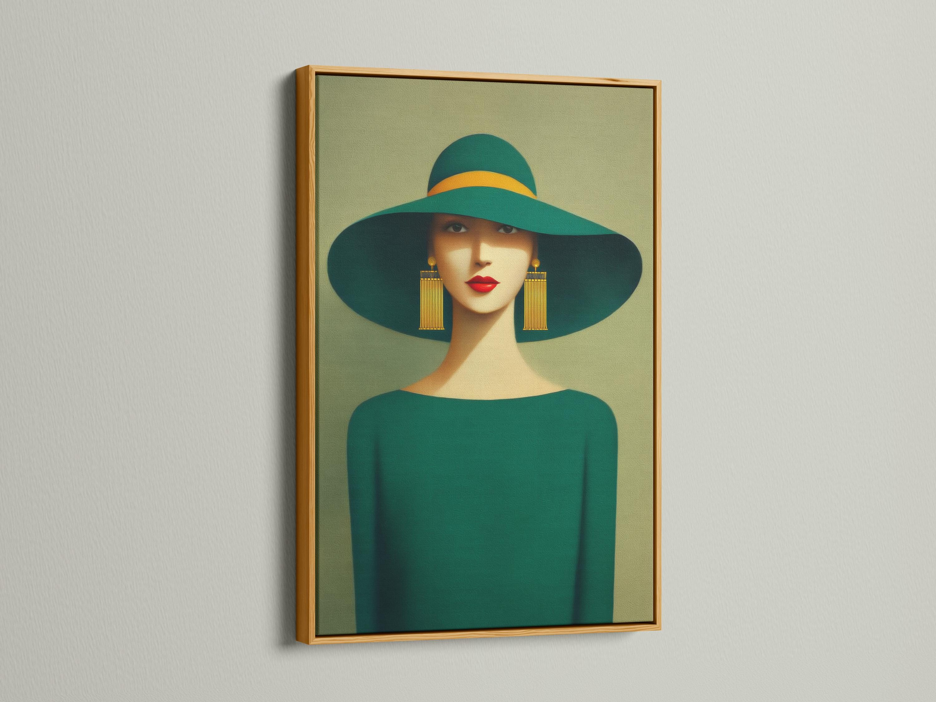 Mockup of a framed stylised woman portrait with a wide green hat and teal outfit