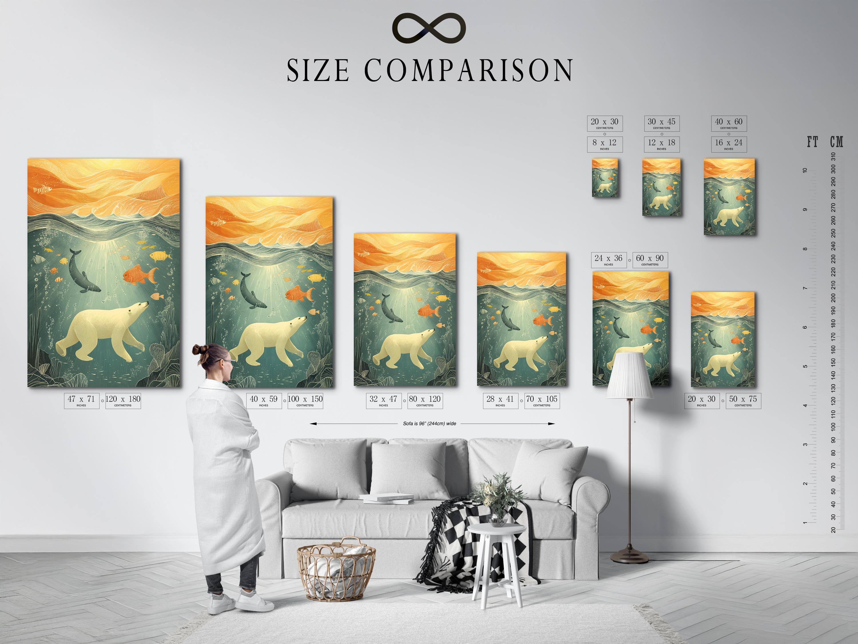 Underwater scene with a polar bear, fish and a whale in seafoam teal and warm gold waves detail view
