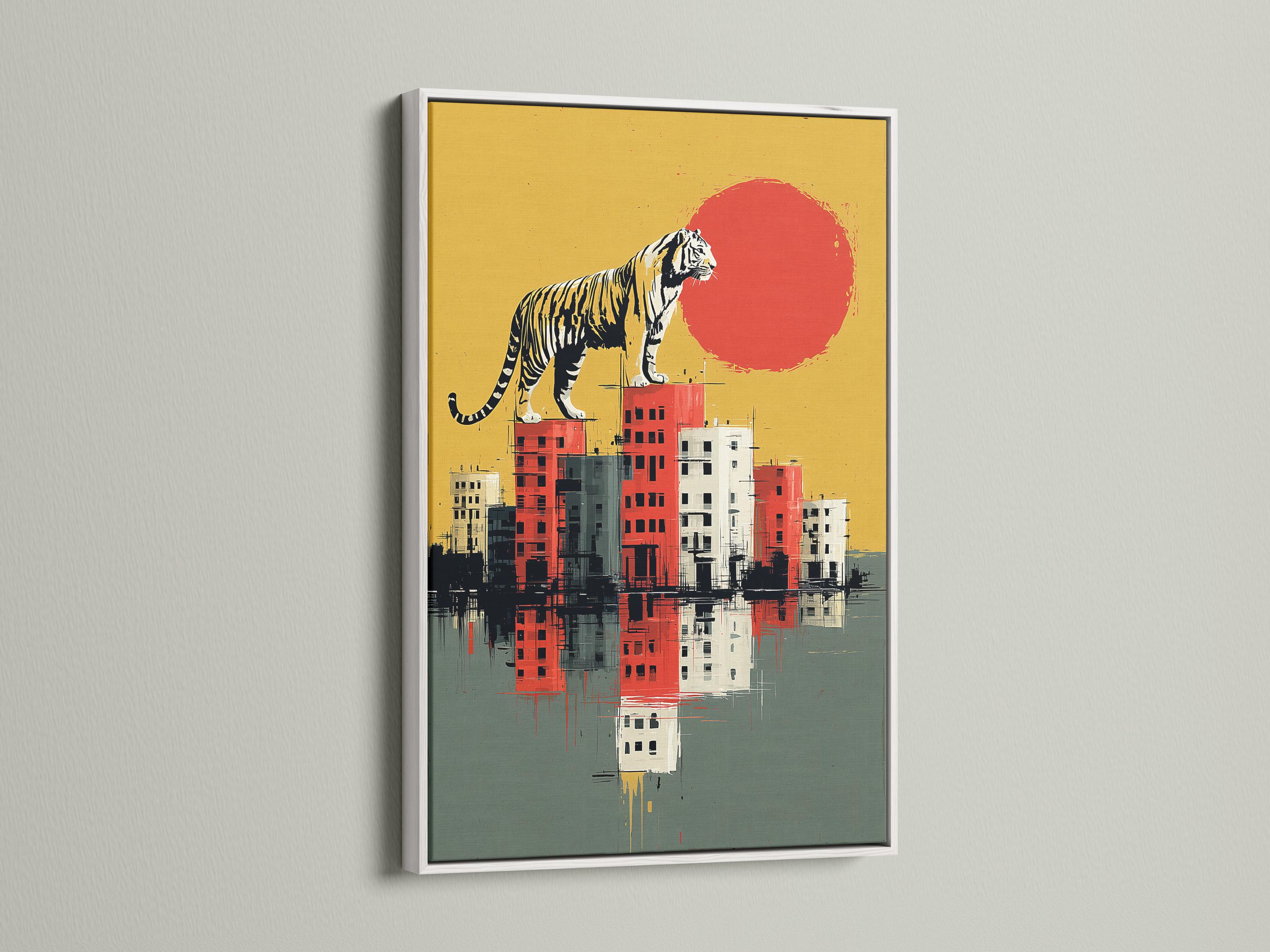 Stylised tiger standing above a blocky cityscape with mirrored reflections in ochre and red detail view