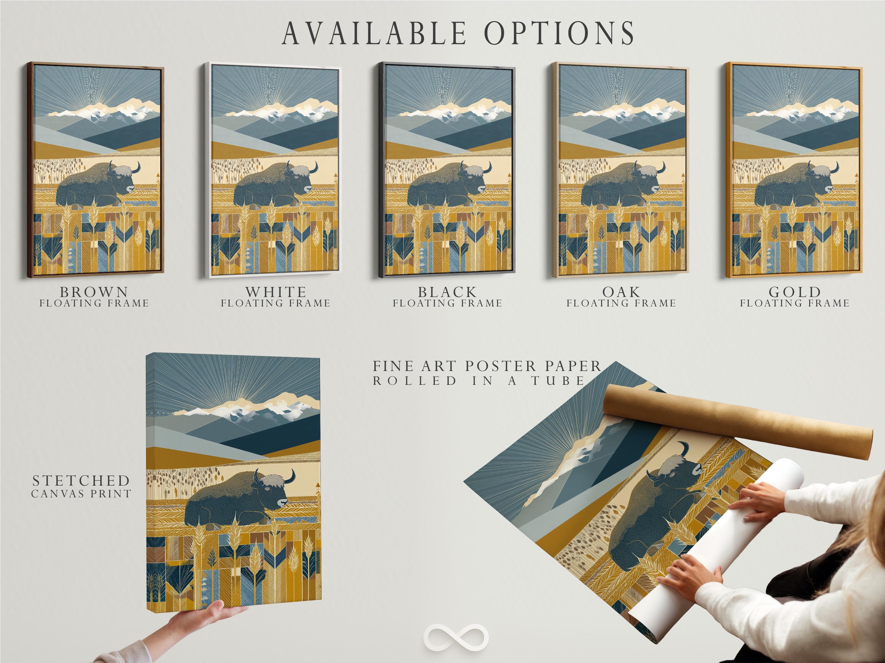 Stylised yak in ochre and navy blue mountain landscape with radiating line rays and wheat-like plants detail view
