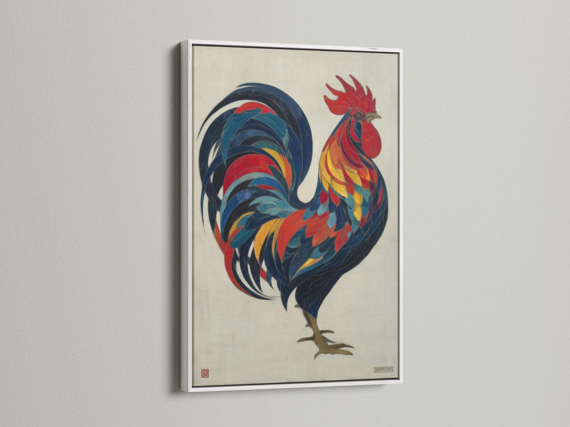 Colourful rooster illustration with layered red, blue and yellow feathers on an off-white background detail view