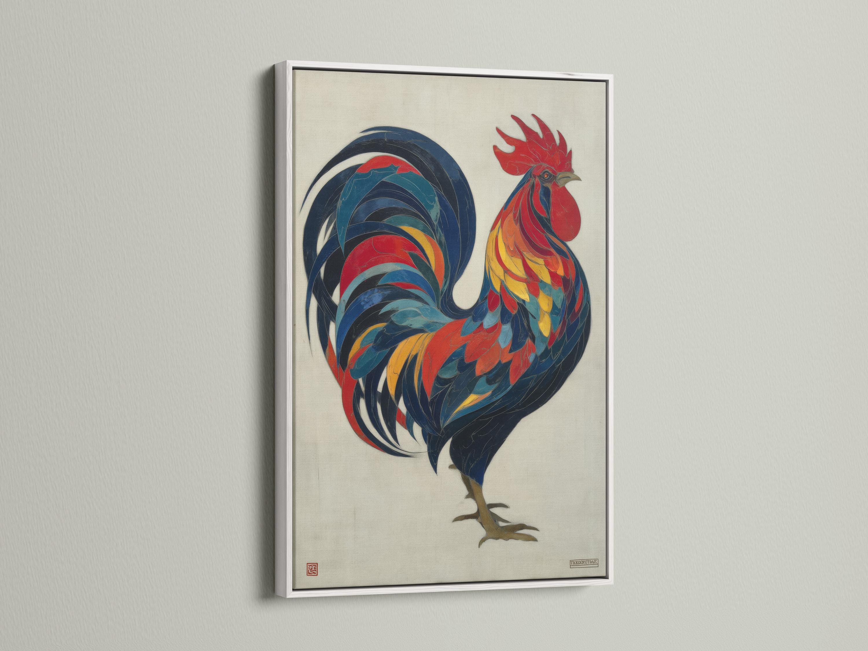 Colourful rooster illustration with layered red, blue and yellow feathers on an off-white background detail view