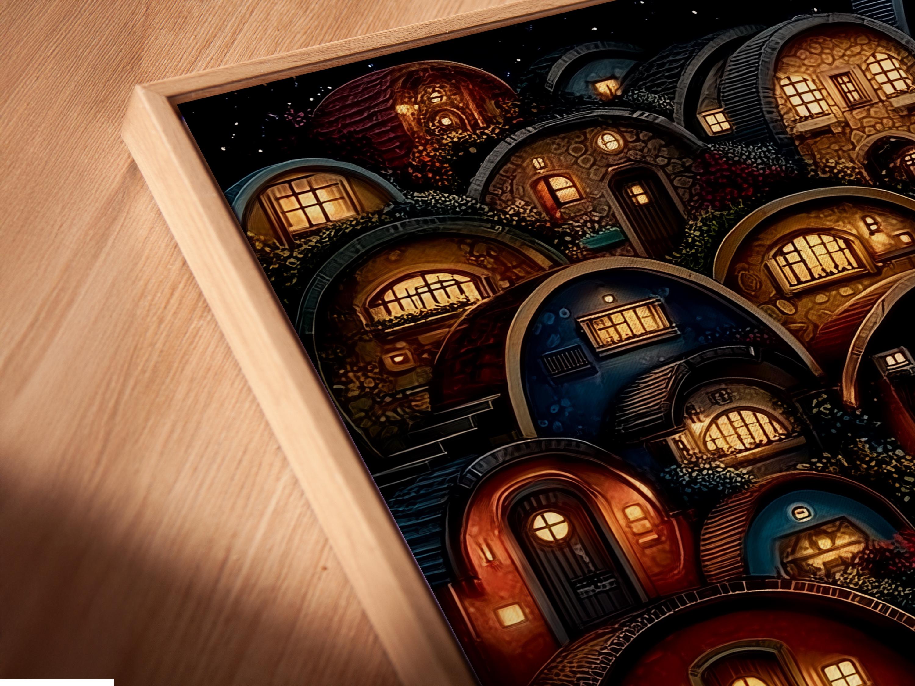 Fantasy village at night with glowing arched doorways and windows under a starry sky detail view