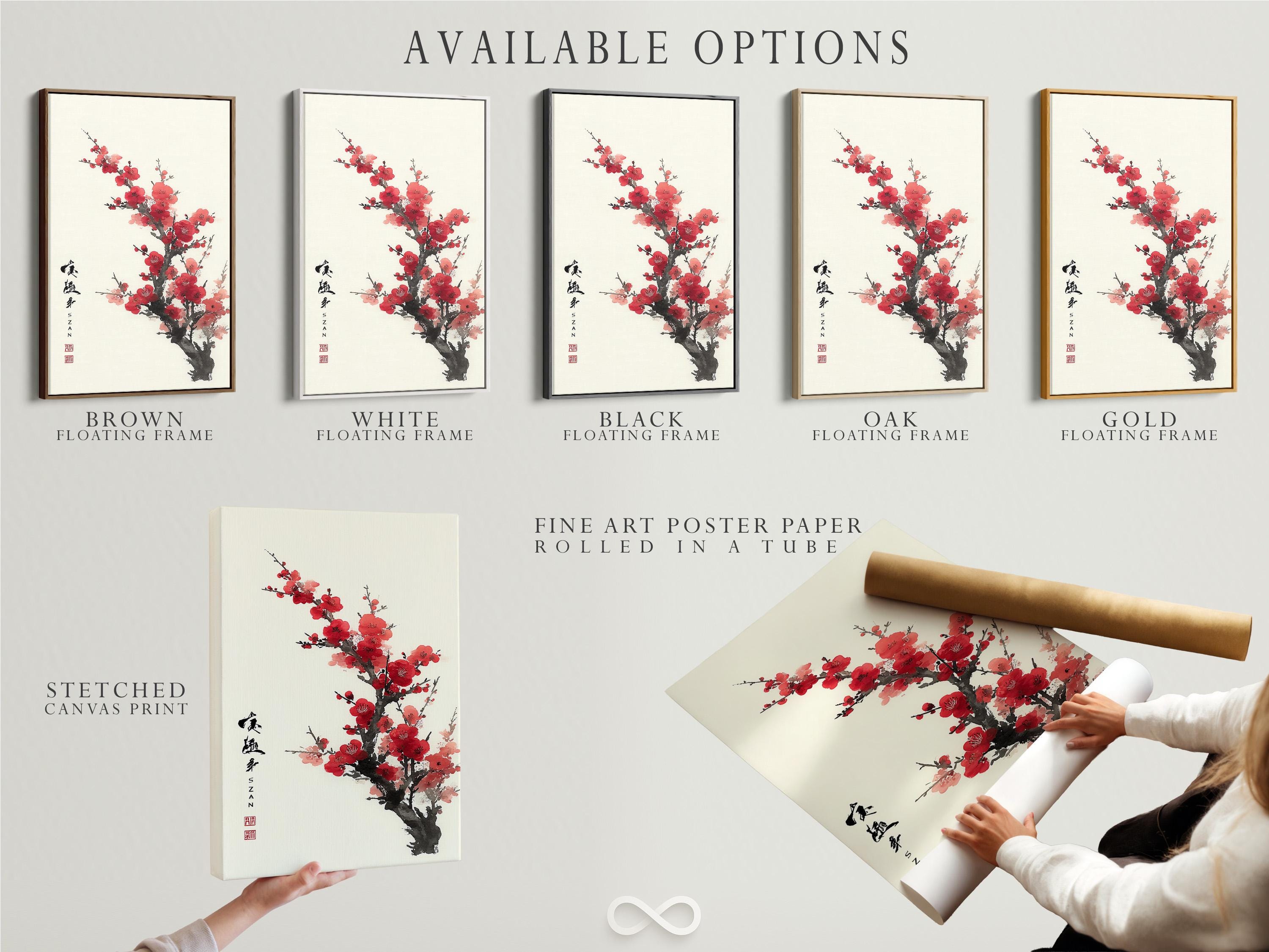 Red and pink plum blossoms on a black ink tree branch with vertical calligraphy and a red seal detail view