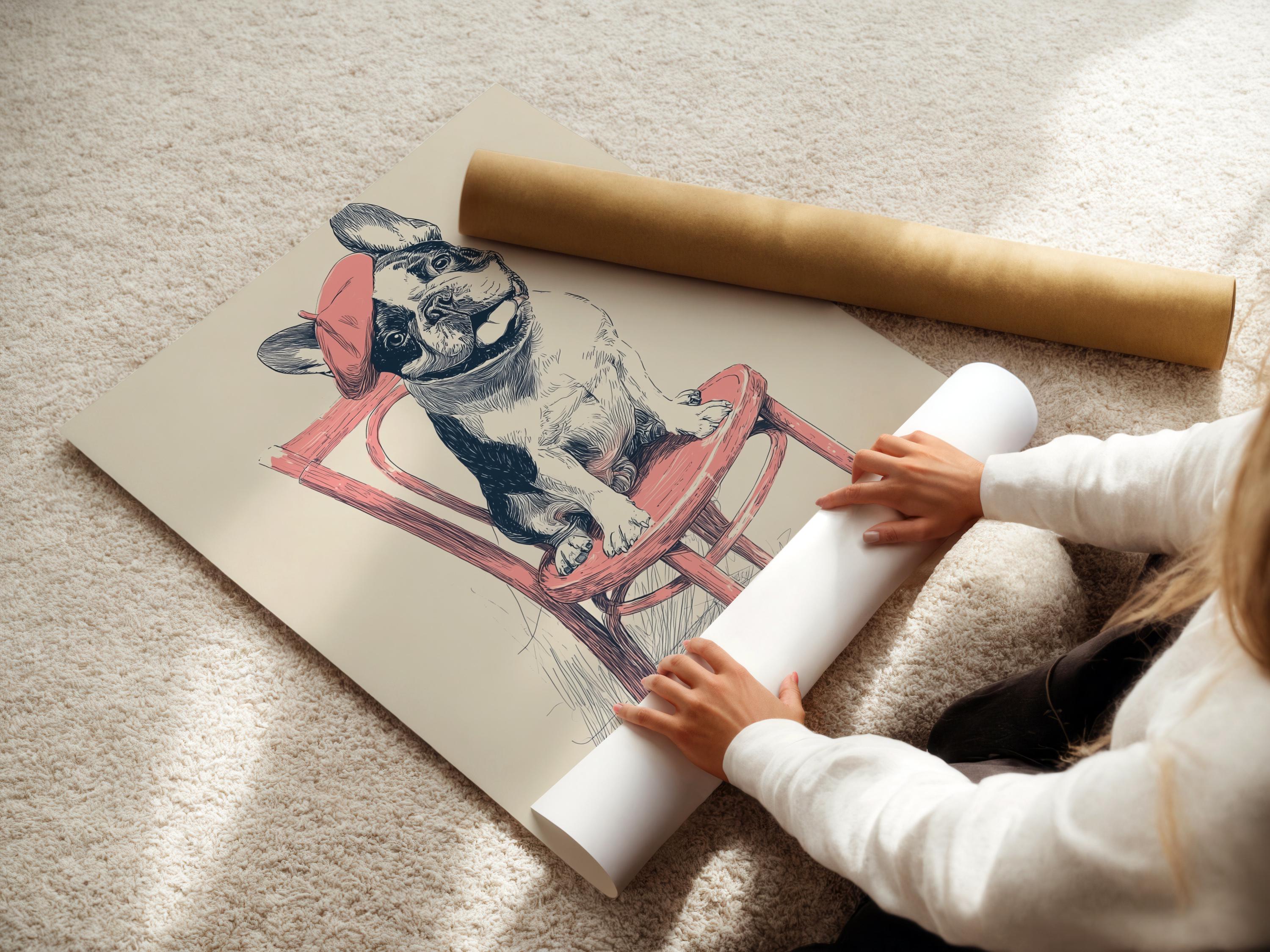 Seated dog wearing a pink beret and sitting on a pink stool, drawn with ink sketch lines detail view