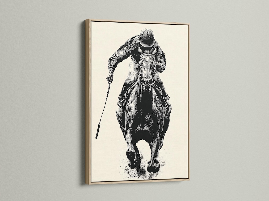 Mockup showing a framed black and white equestrian polo rider illustration