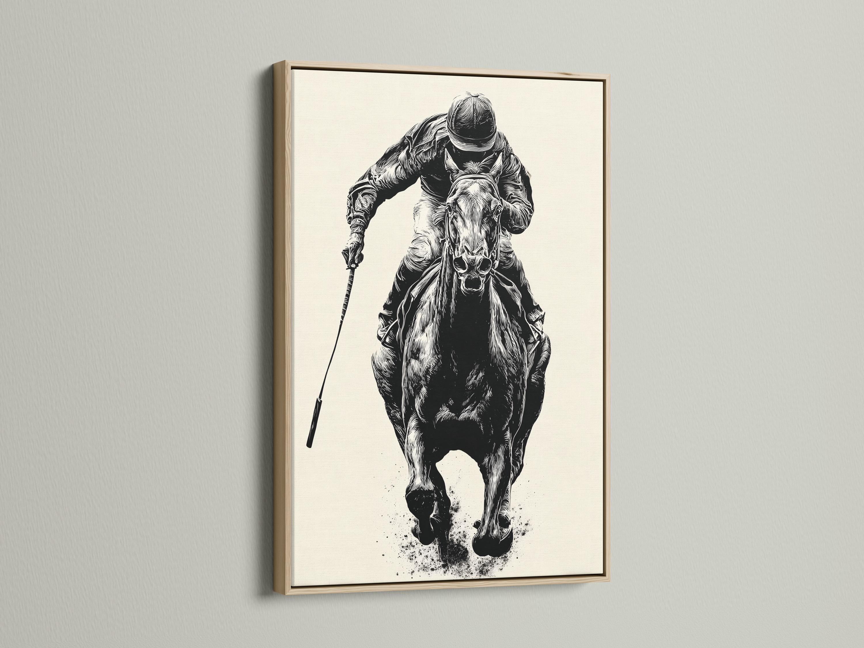 Mockup showing a framed black and white equestrian polo rider illustration