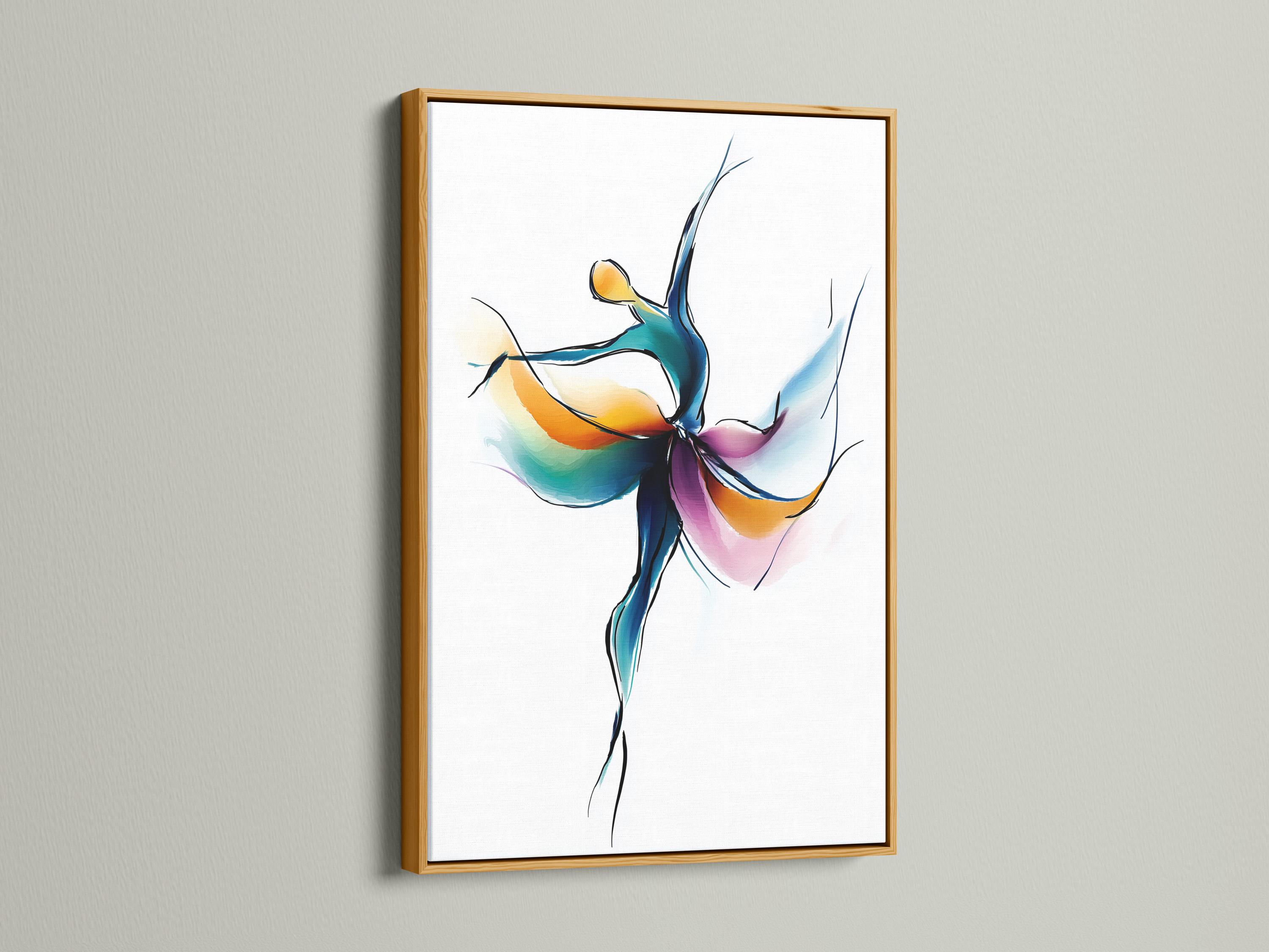 Woman stretching in a dance studio with a framed abstract dancer artwork on the wall