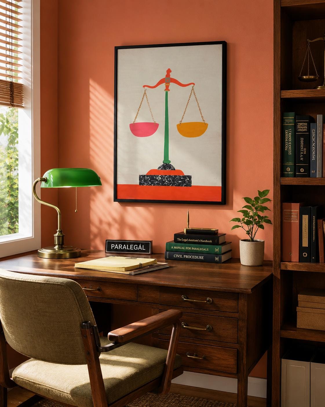 A stylised balance scale icon with a green stand and red and orange pans sits centrally on a pale background, framed by a thin border detail view