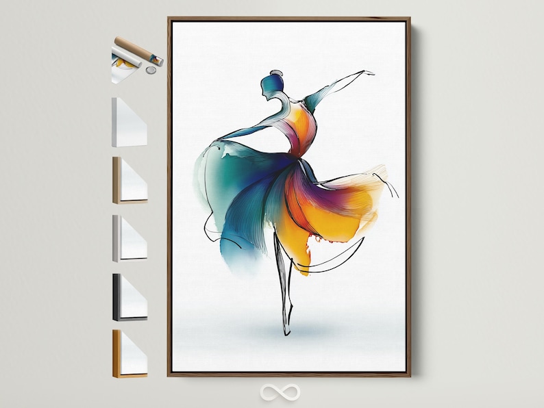 Stylised ballet dancer leaping with teal, blue, purple and orange-yellow colour washes on a white background
