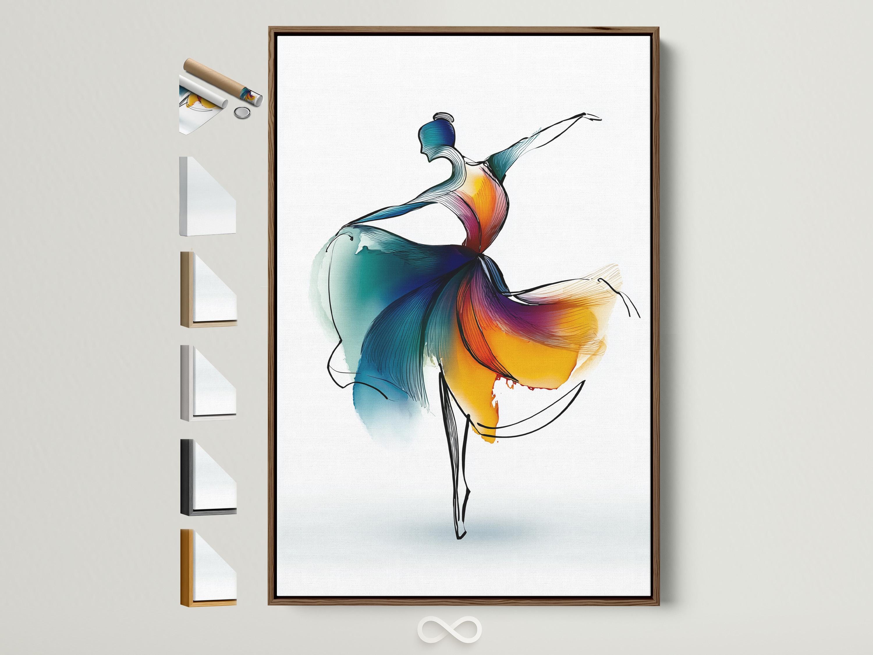 Stylised ballet dancer leaping with teal, blue, purple and orange-yellow colour washes on a white background
