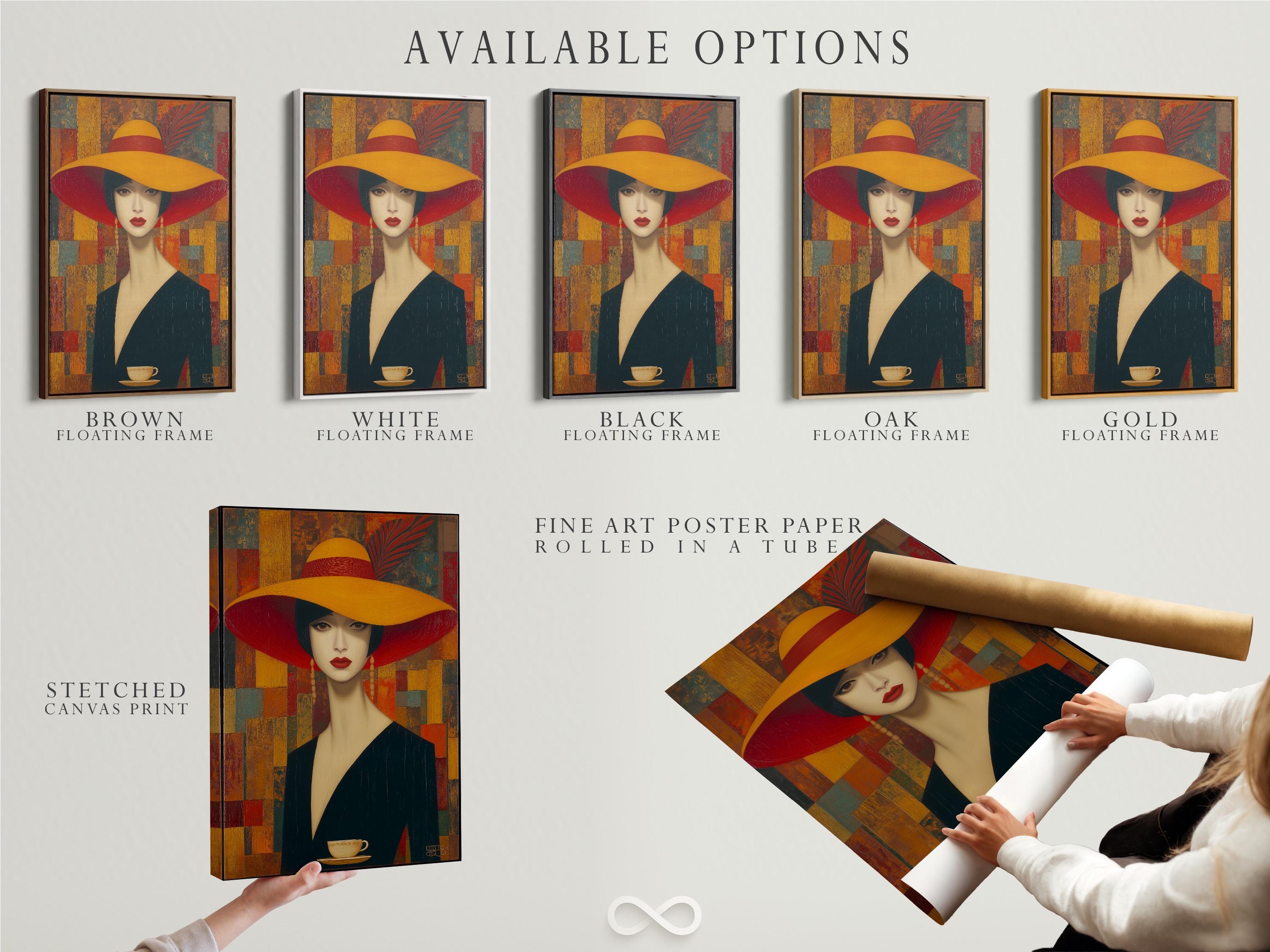 Stylised portrait of a woman wearing a wide red hat against a geometric red, gold and teal background detail view