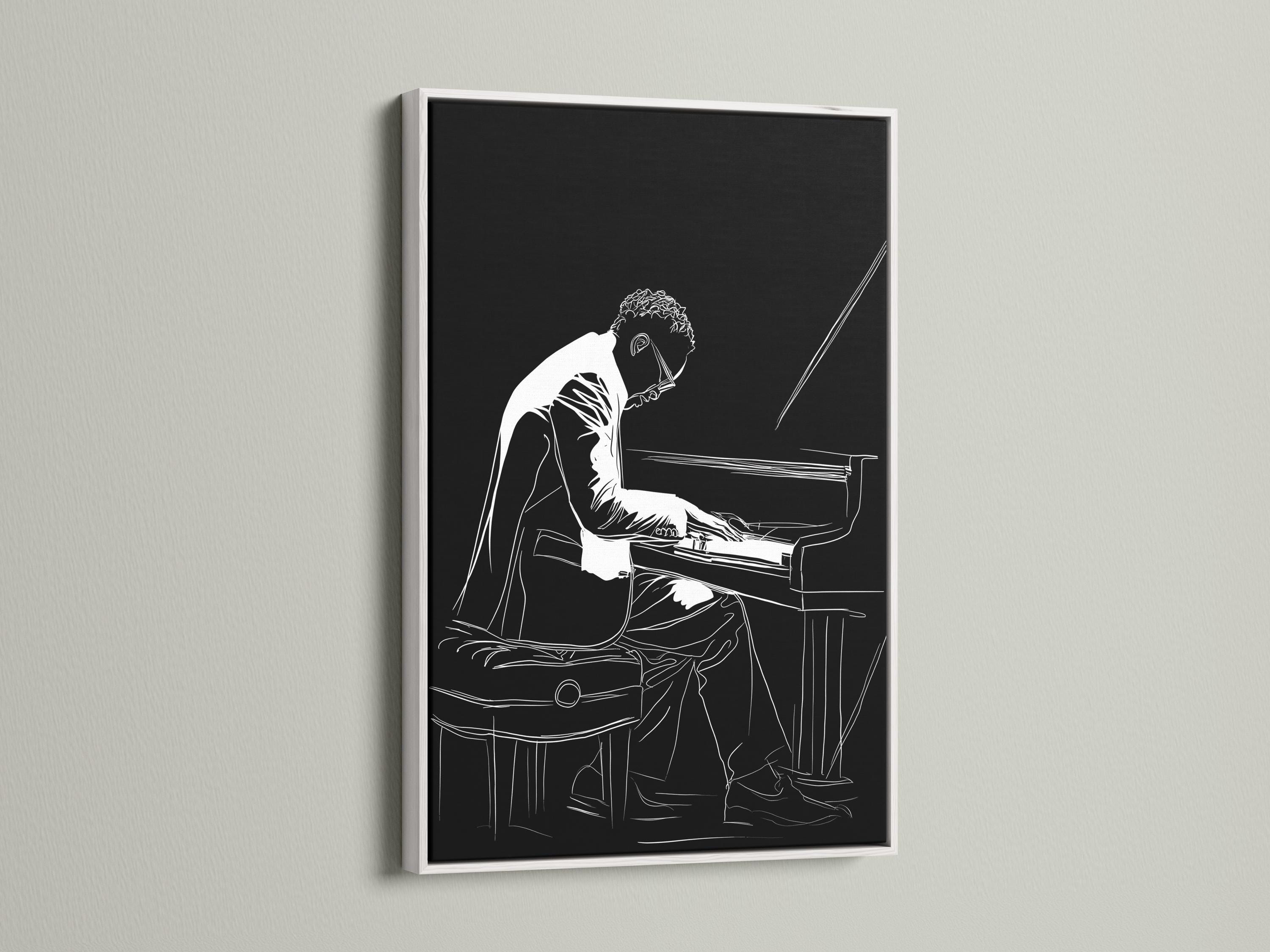 Black and white line drawing of a pianist playing an upright piano detail view