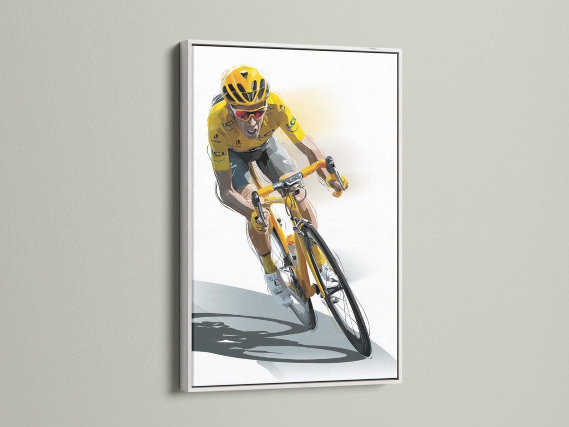 Illustration of a cyclist in a bright yellow jersey racing on a bicycle against a pale background detail view