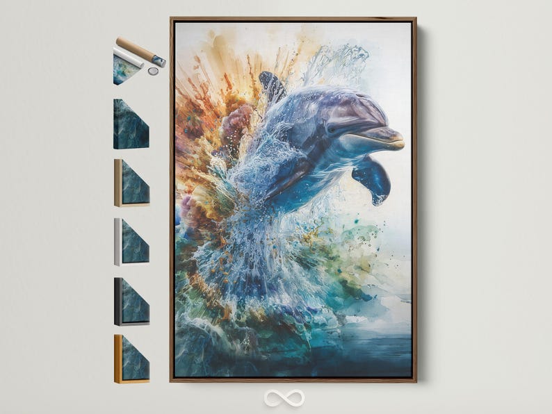 Painterly dolphin bursting through blue ocean water splashes with teal and aqua highlights