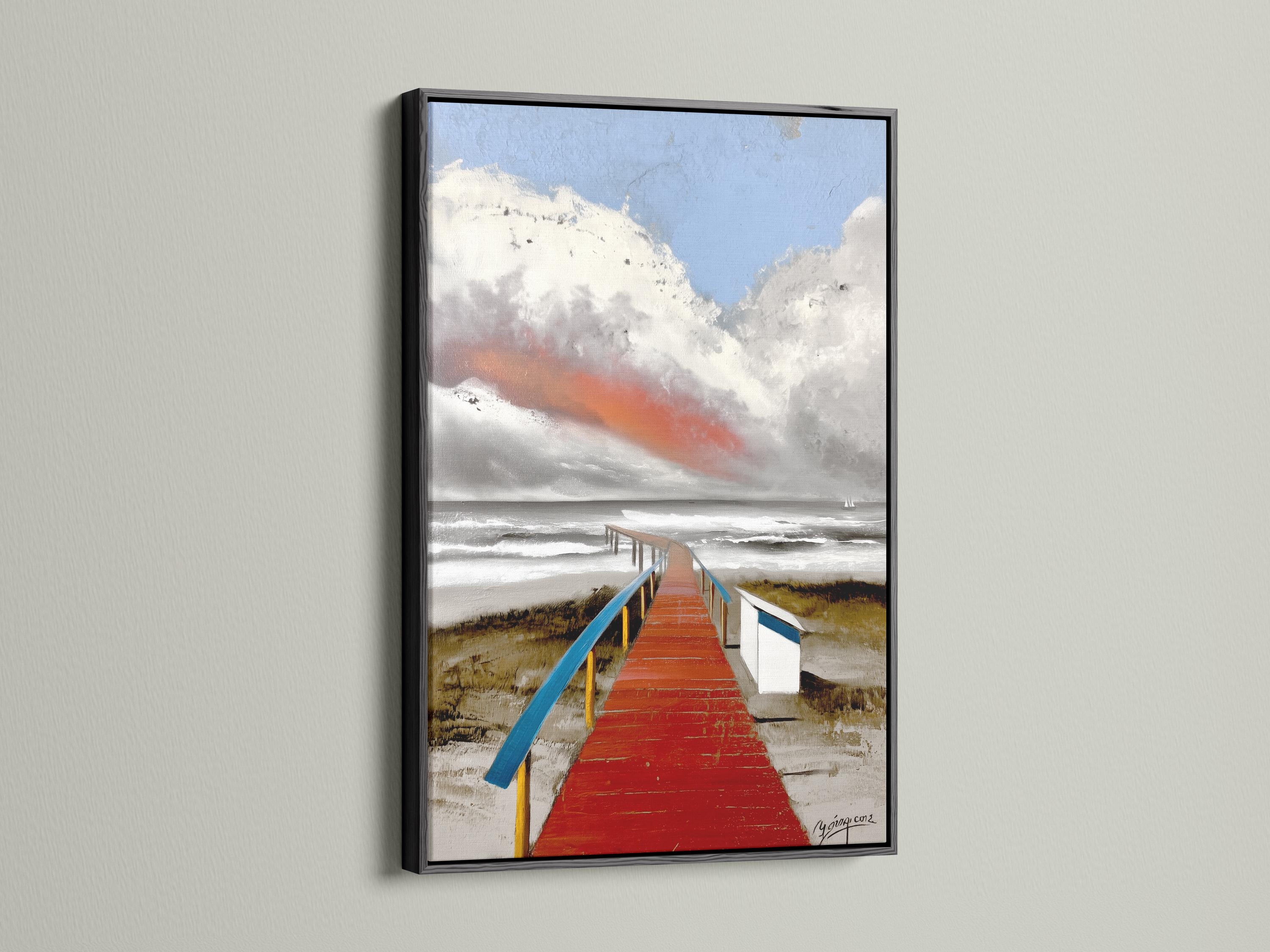 Red boardwalk leading to the sea with blue rails, waves and a cloudy sky detail view