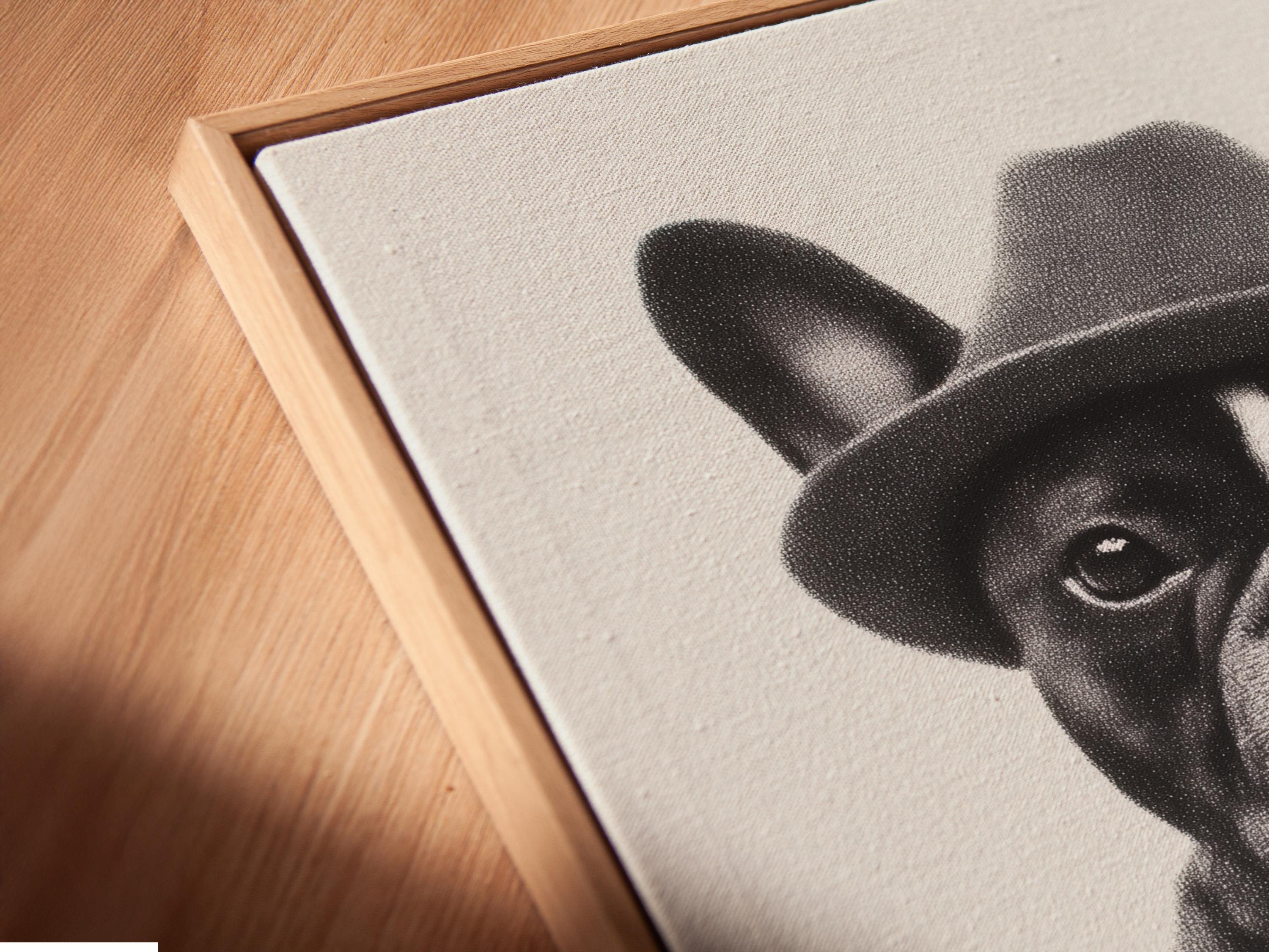 Black and white bulldog portrait wearing a hat and yellow scarf with a cigar detail view