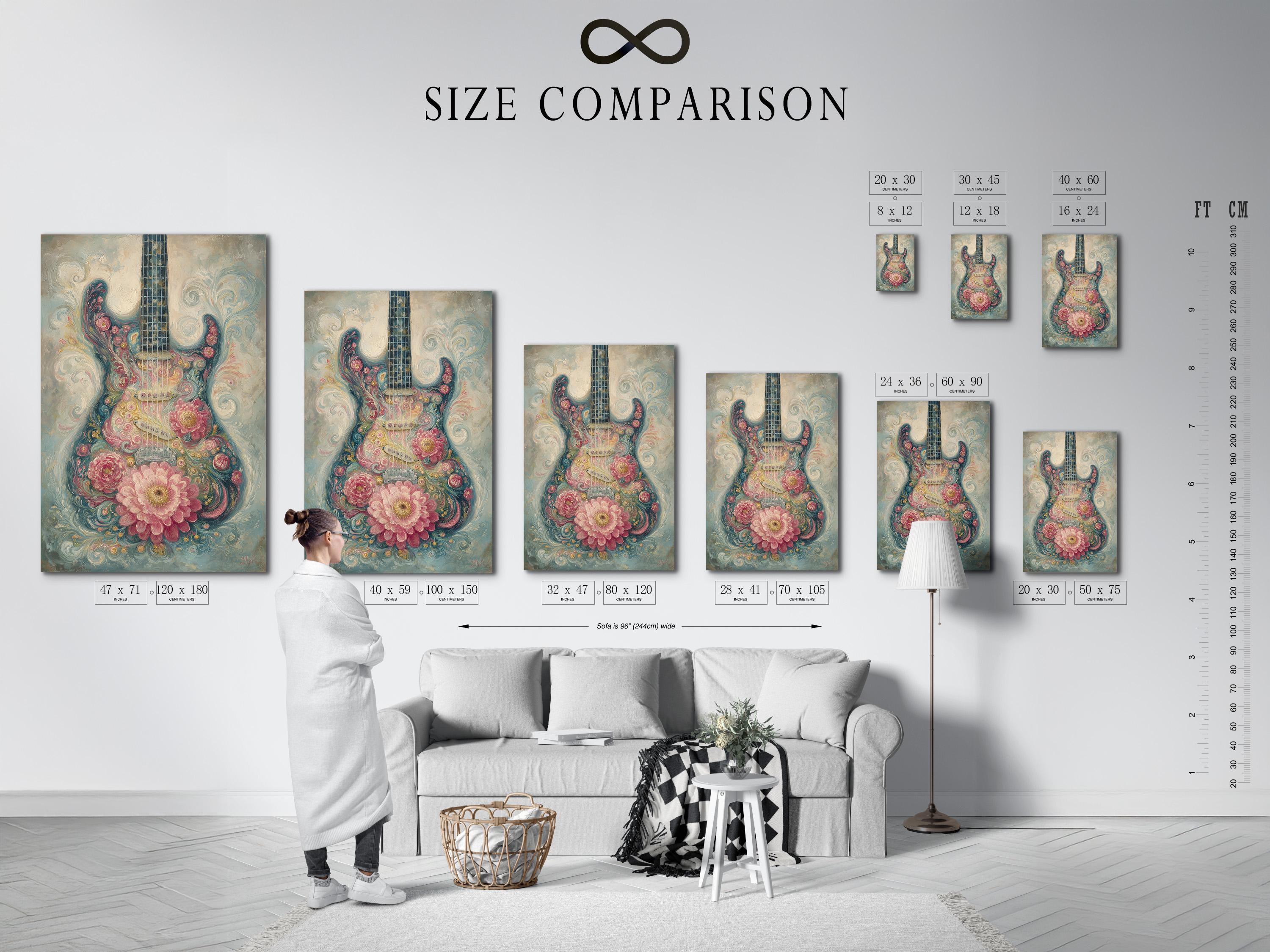 Stylised floral guitar artwork with dusty pink blossoms and teal-blue swirls detail view