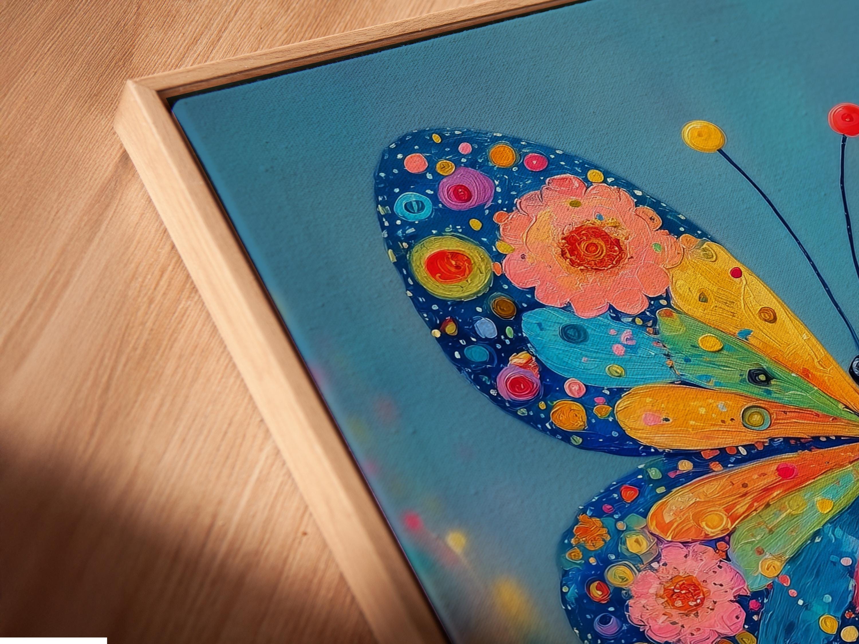 A bright stylised butterfly with patterned wings over colourful flowers on a blue background detail view