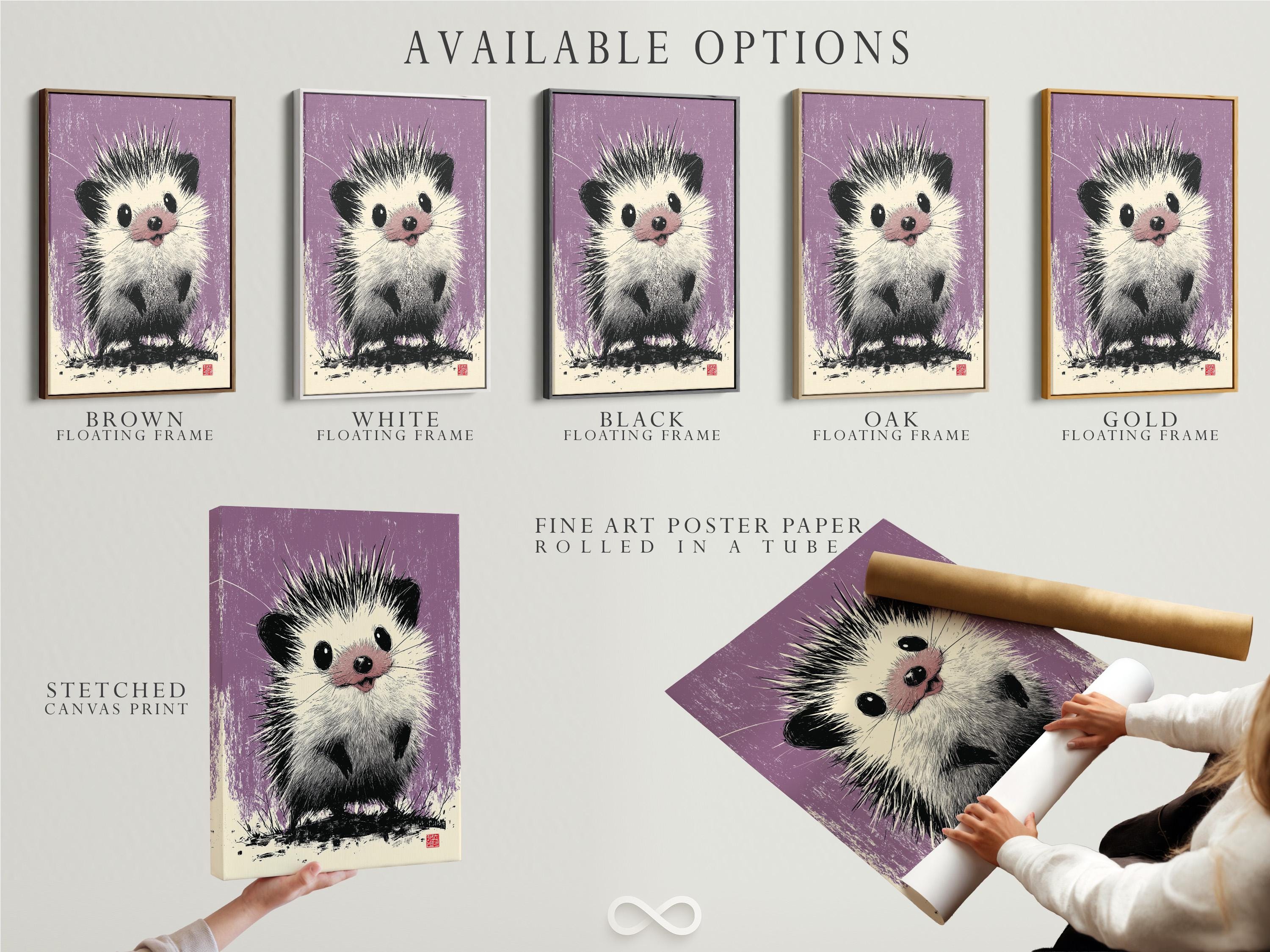 Hedgehog illustration in black and white on a textured lilac-purple background detail view