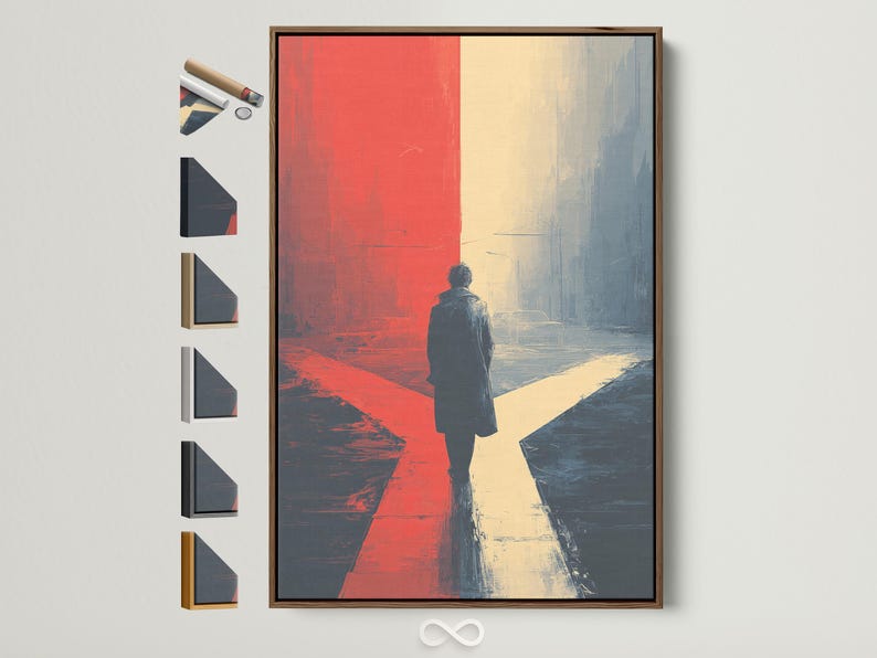 Portrait artwork showing a solitary figure walking away through a red and blue urban-style scene