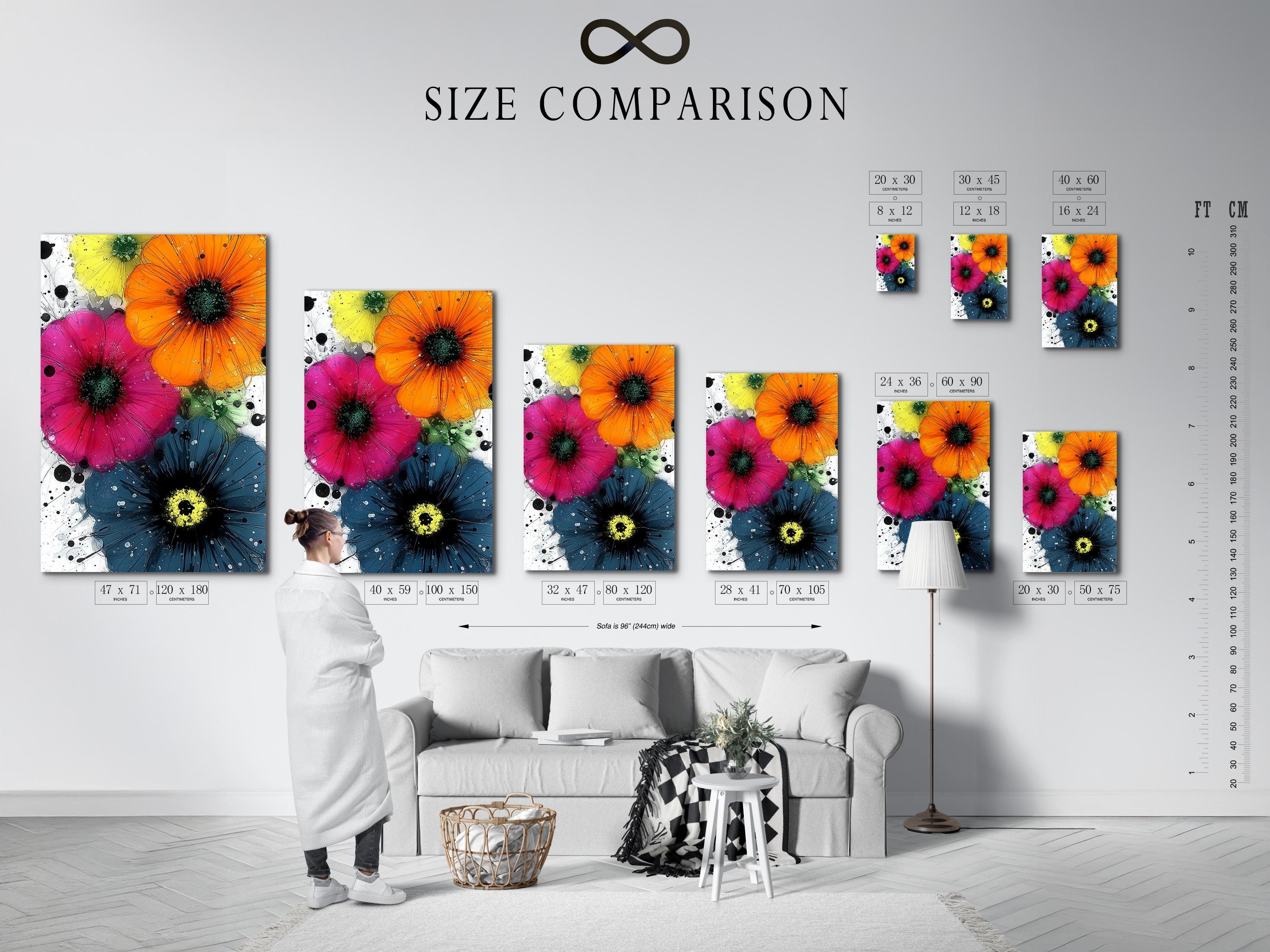 A vibrant, painterly floral composition shows three large stylised flowers with dark centres over white splatter-like backgrounds in pink, orange