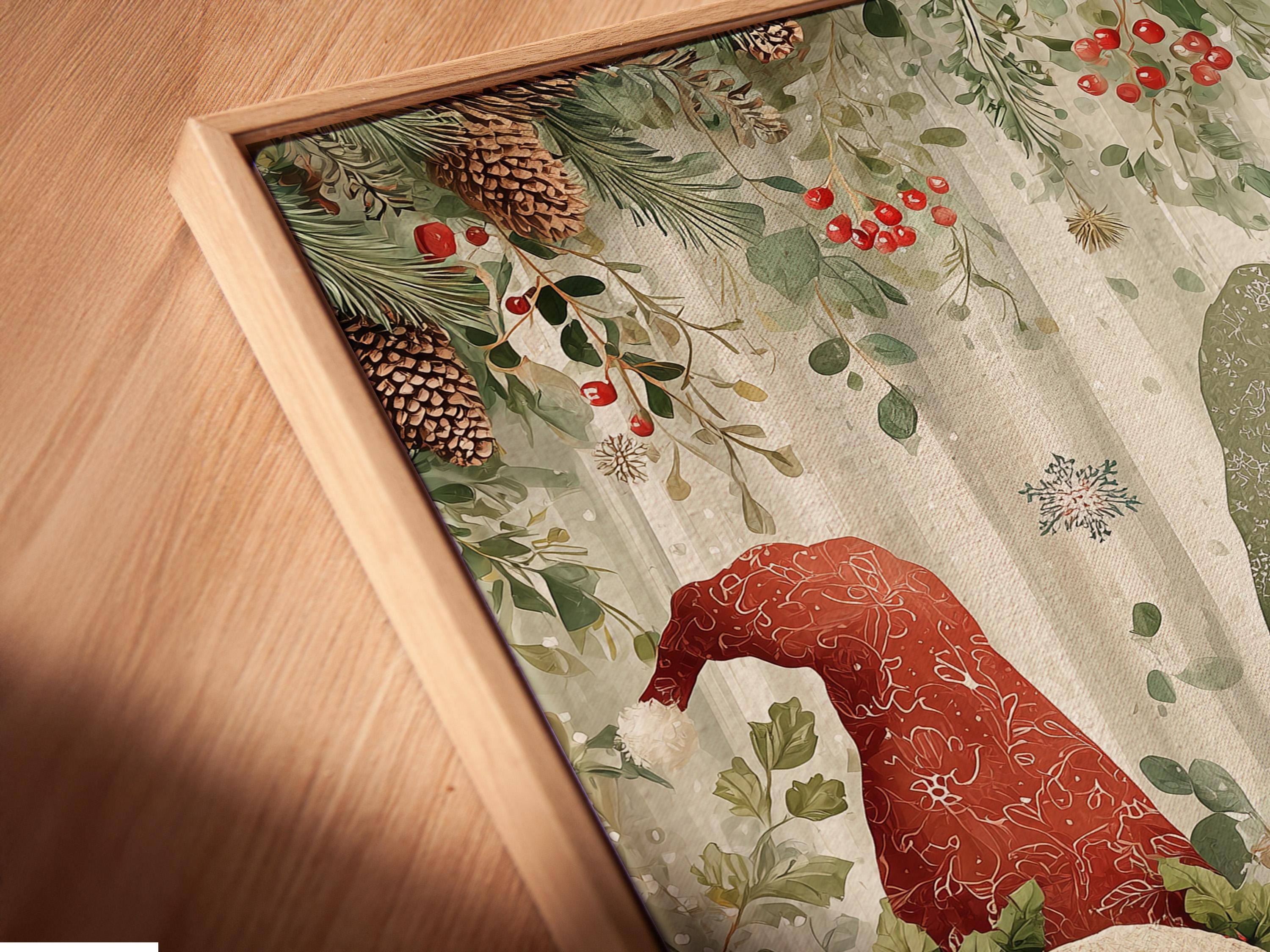 Three winter gnomes with long white beards standing in a festive evergreen scene detail view