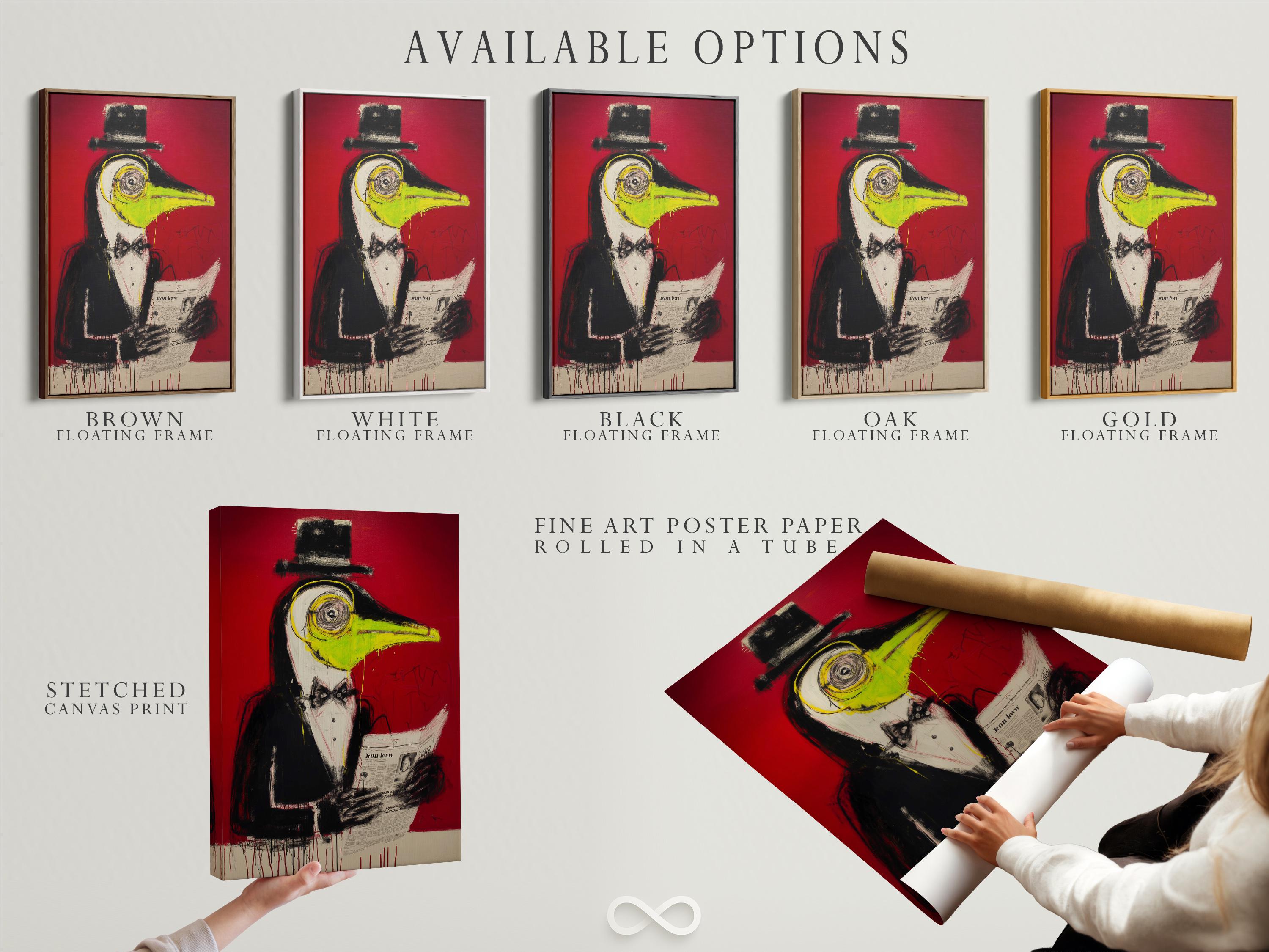 Stylised penguin-like bird portrait with red background, black shapes and yellow-green beak detail view