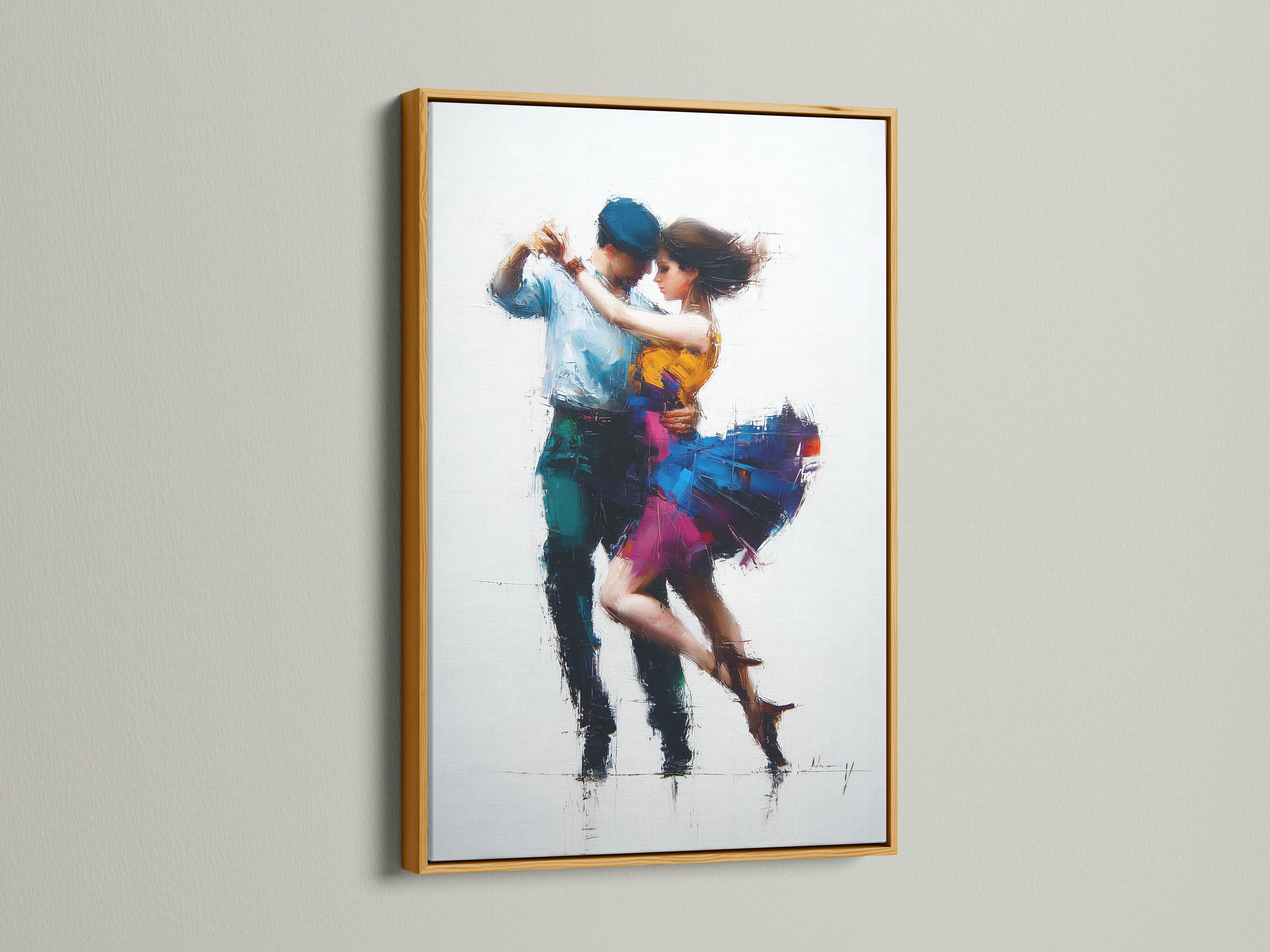 Painterly blue and yellow tango couple embracing in motion detail view