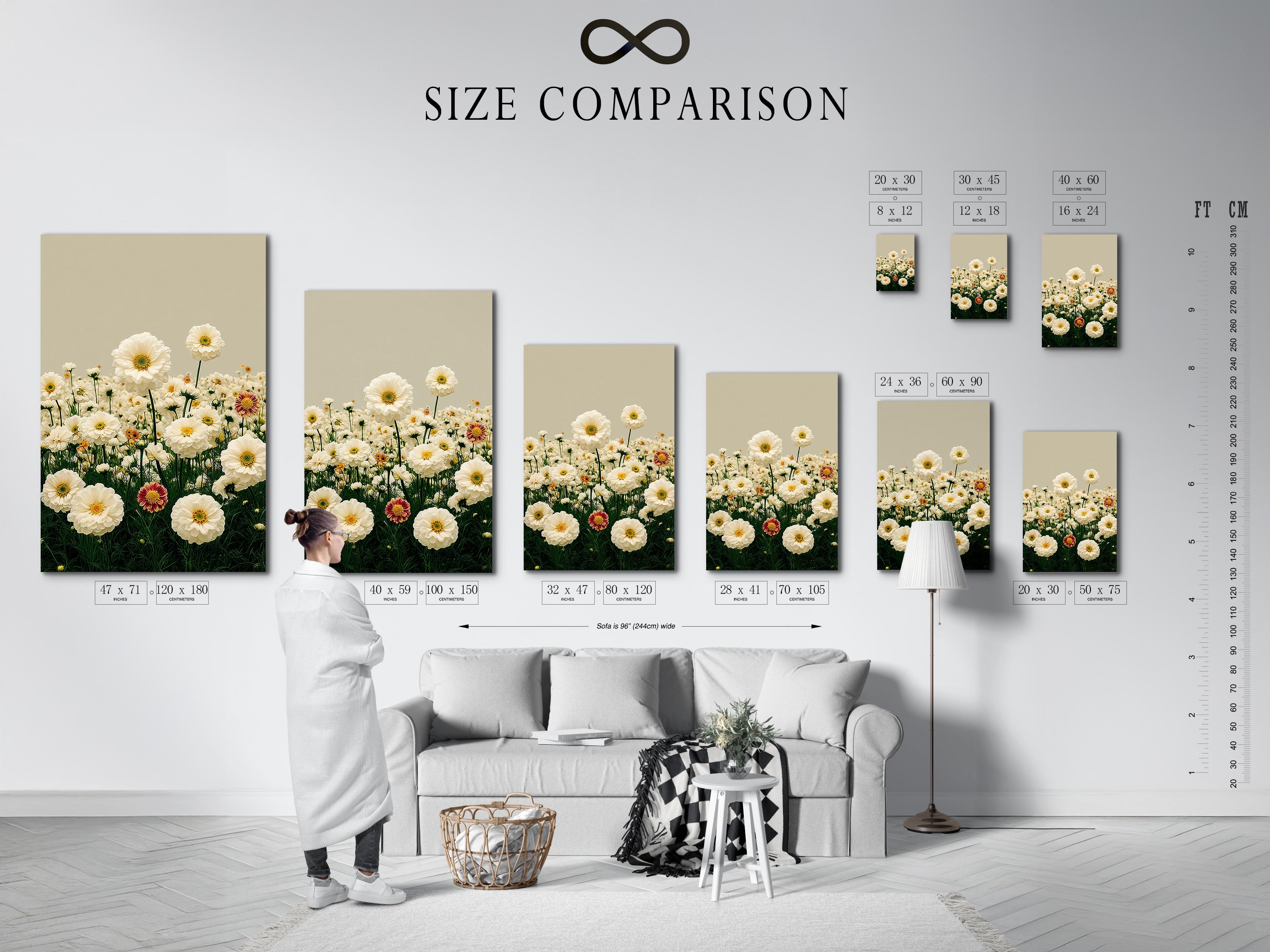 Room mockup showing a person holding flowers beside framed daisy meadow artwork