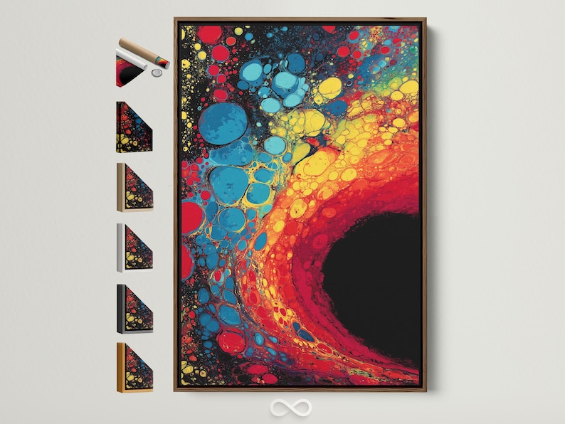 Fluid abstract artwork with red, blue and yellow bubble-like circles on a dark background