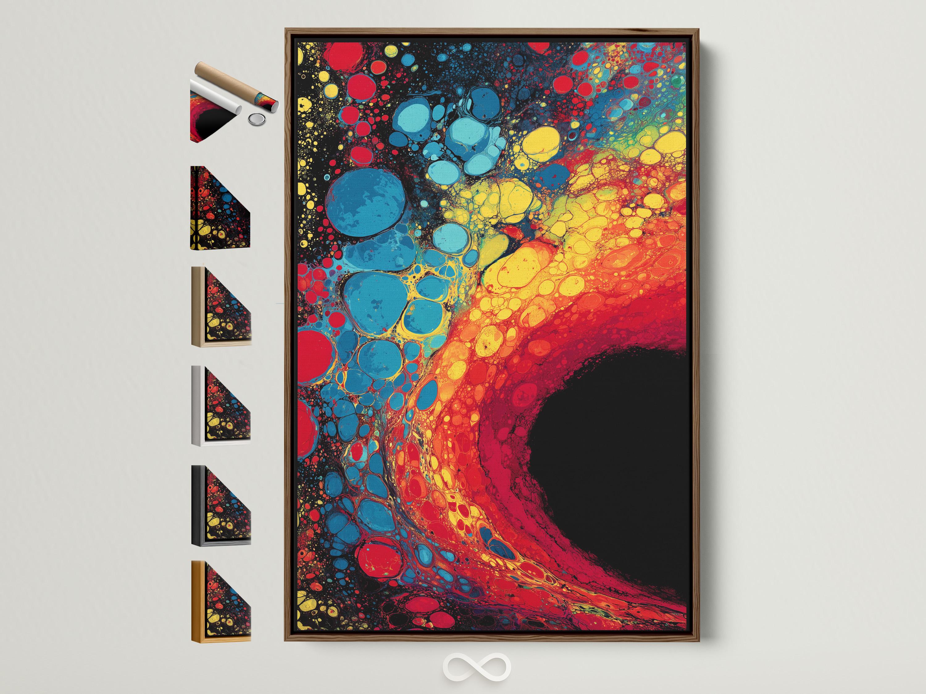 Fluid abstract artwork with red, blue and yellow bubble-like circles on a dark background