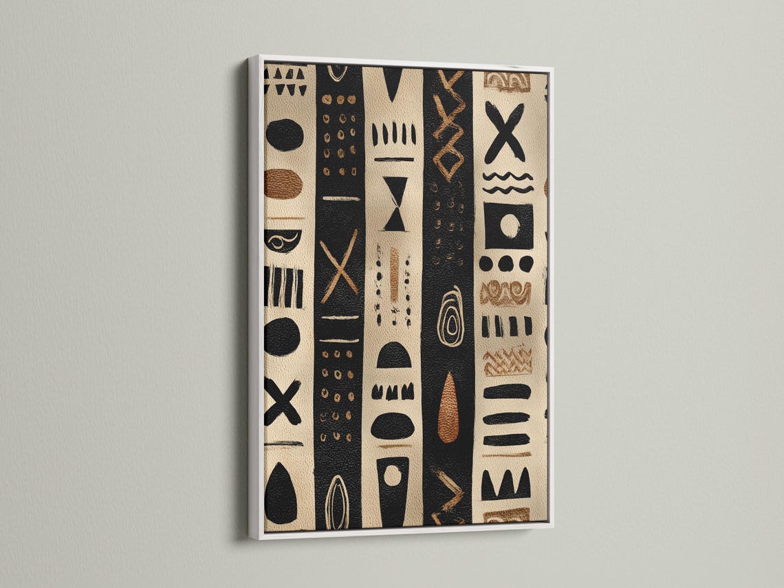 Beige and black geometric tribal-style artwork with vertical panels and dotted symbols detail view