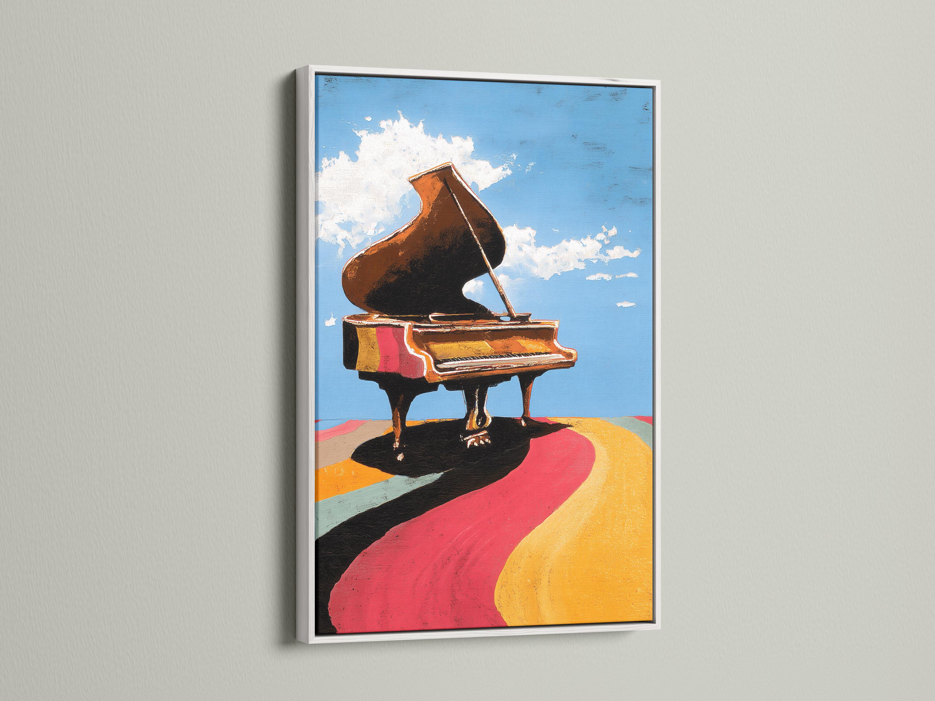 Room mockup showing a framed piano artwork with blue sky and colourful ground bands