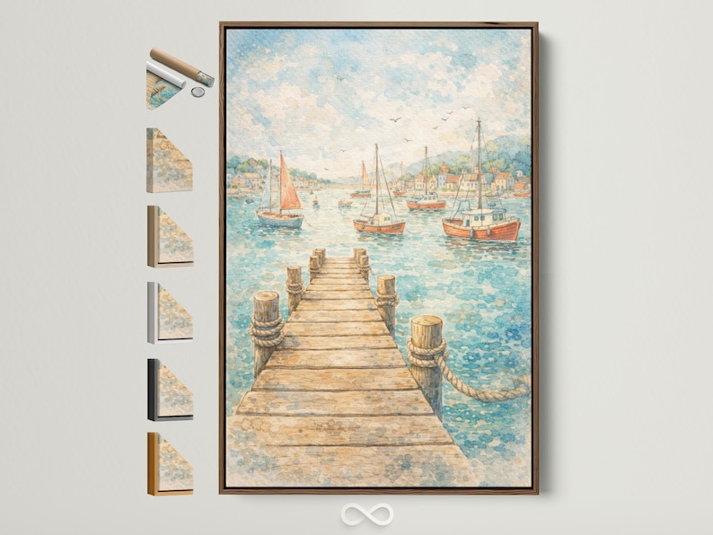 Watercolour-style harbour scene with a pier, sailboats, distant town buildings, and birds in the sky