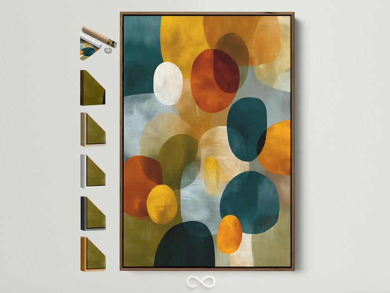 Abstract artwork with overlapping circles and oval shapes in teal, mustard yellow, orange and red