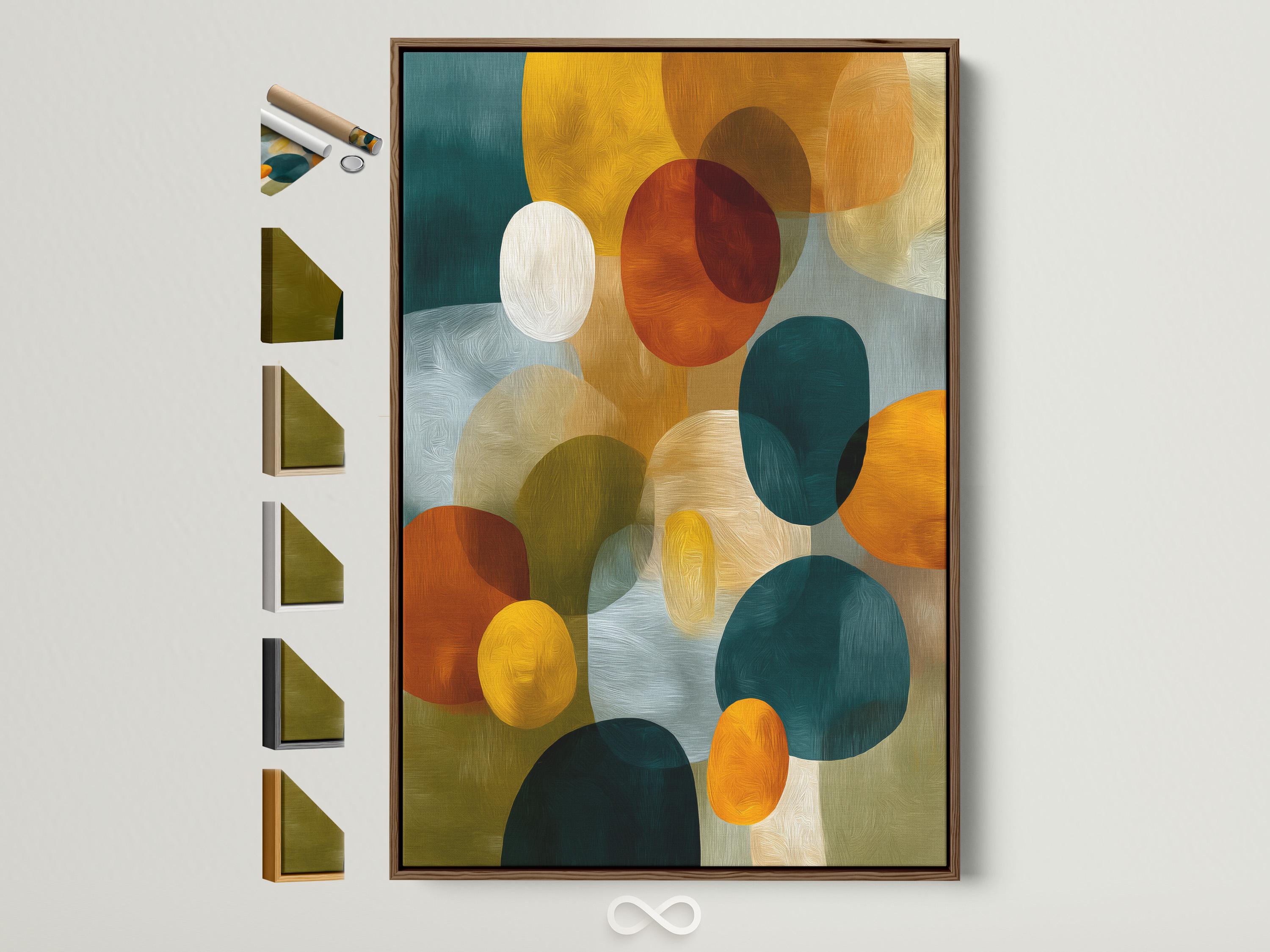 Abstract artwork with overlapping circles and oval shapes in teal, mustard yellow, orange and red