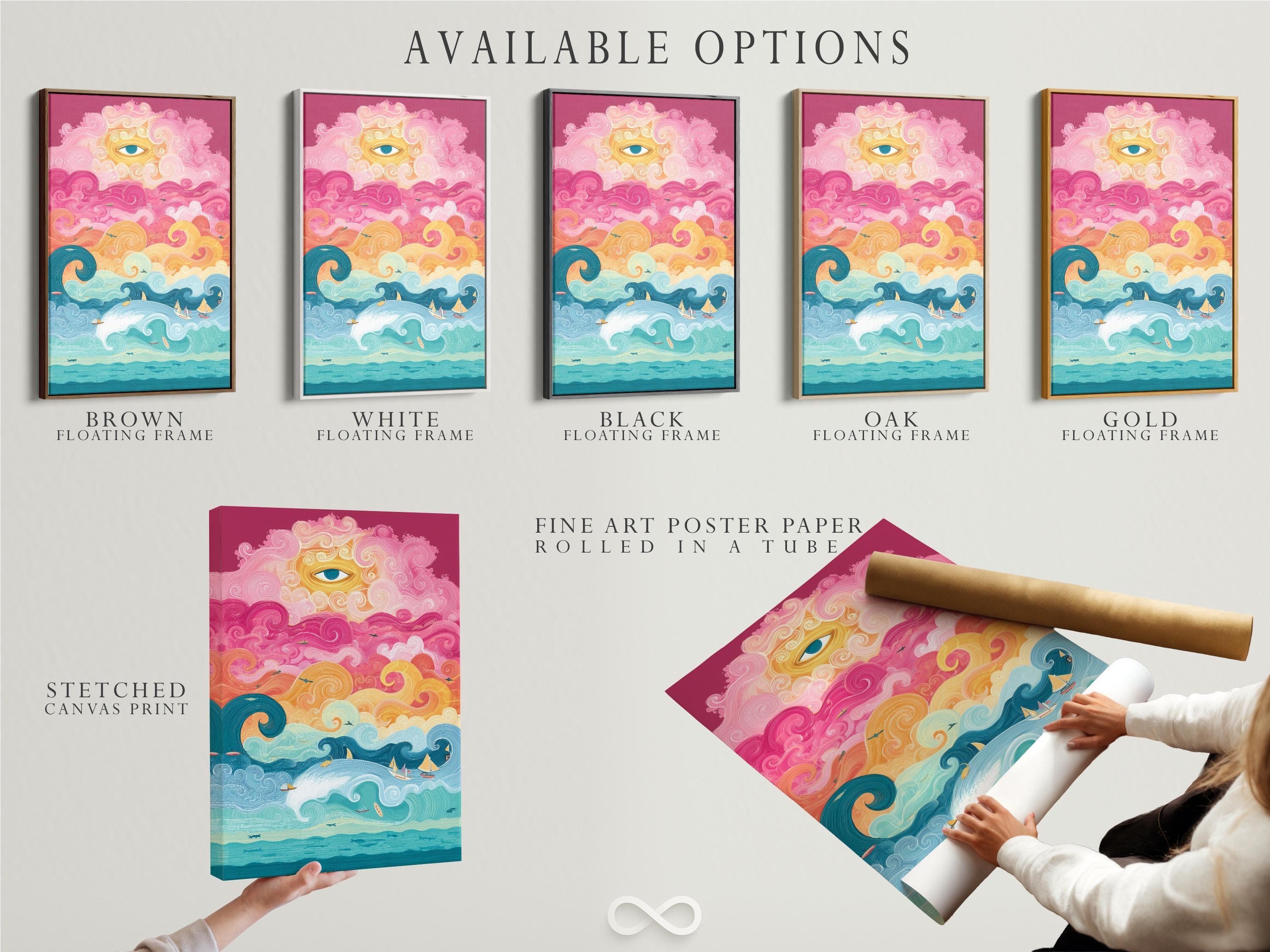 Colourful ocean scene with an eye in the sky, swirling clouds, waves, sailboats and fish detail view