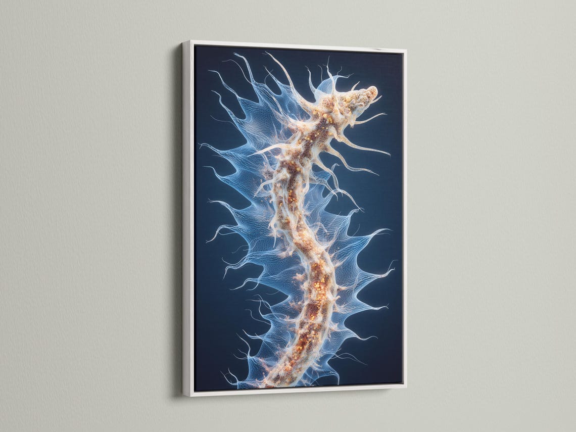 Abstract sea-anemone style artwork on a deep navy background with pale blue tendrils and gold speckles detail view