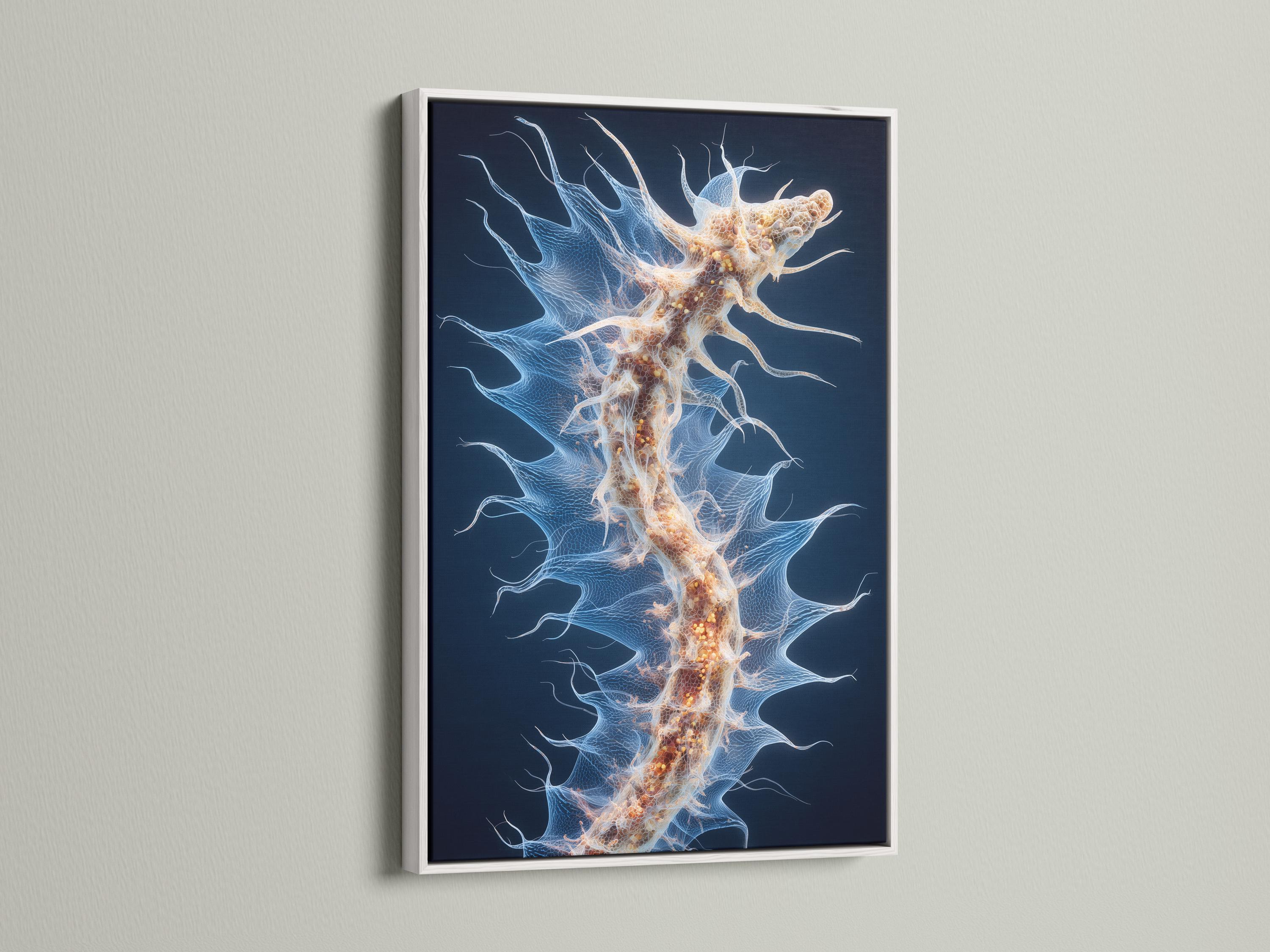 Abstract sea-anemone style artwork on a deep navy background with pale blue tendrils and gold speckles detail view
