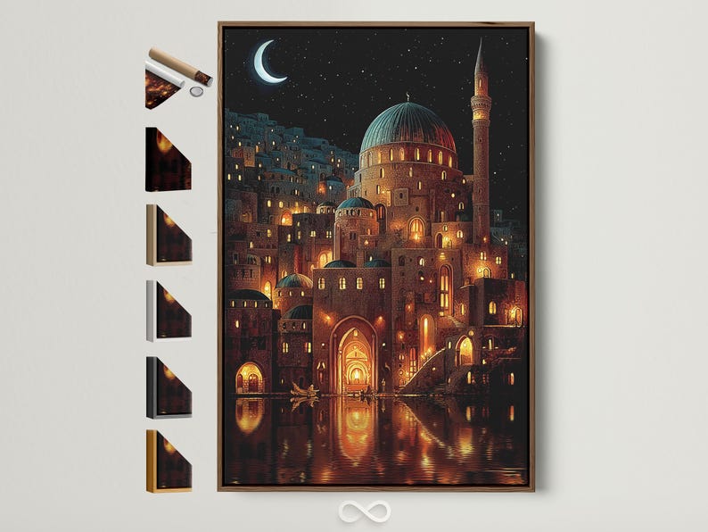 Night scene illustration of a mosque with glowing windows, crescent moon, stars and water reflections