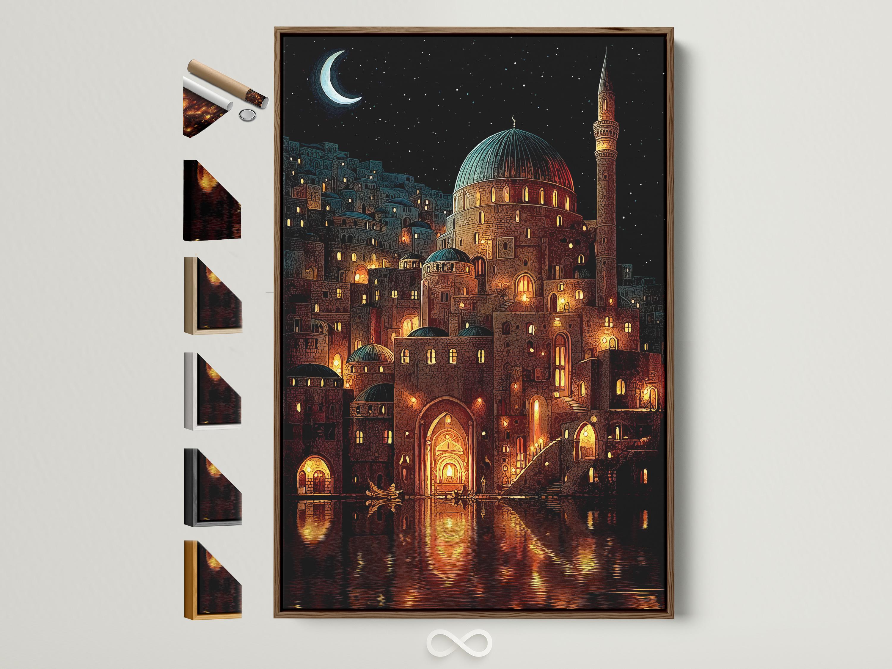 Night scene illustration of a mosque with glowing windows, crescent moon, stars and water reflections
