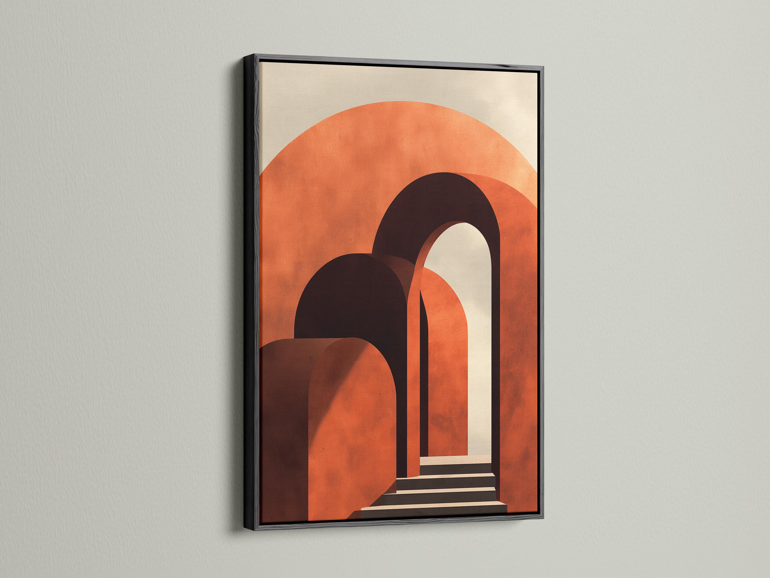 Abstract geometric archway artwork with burnt orange curves and dark charcoal doorway shapes detail view