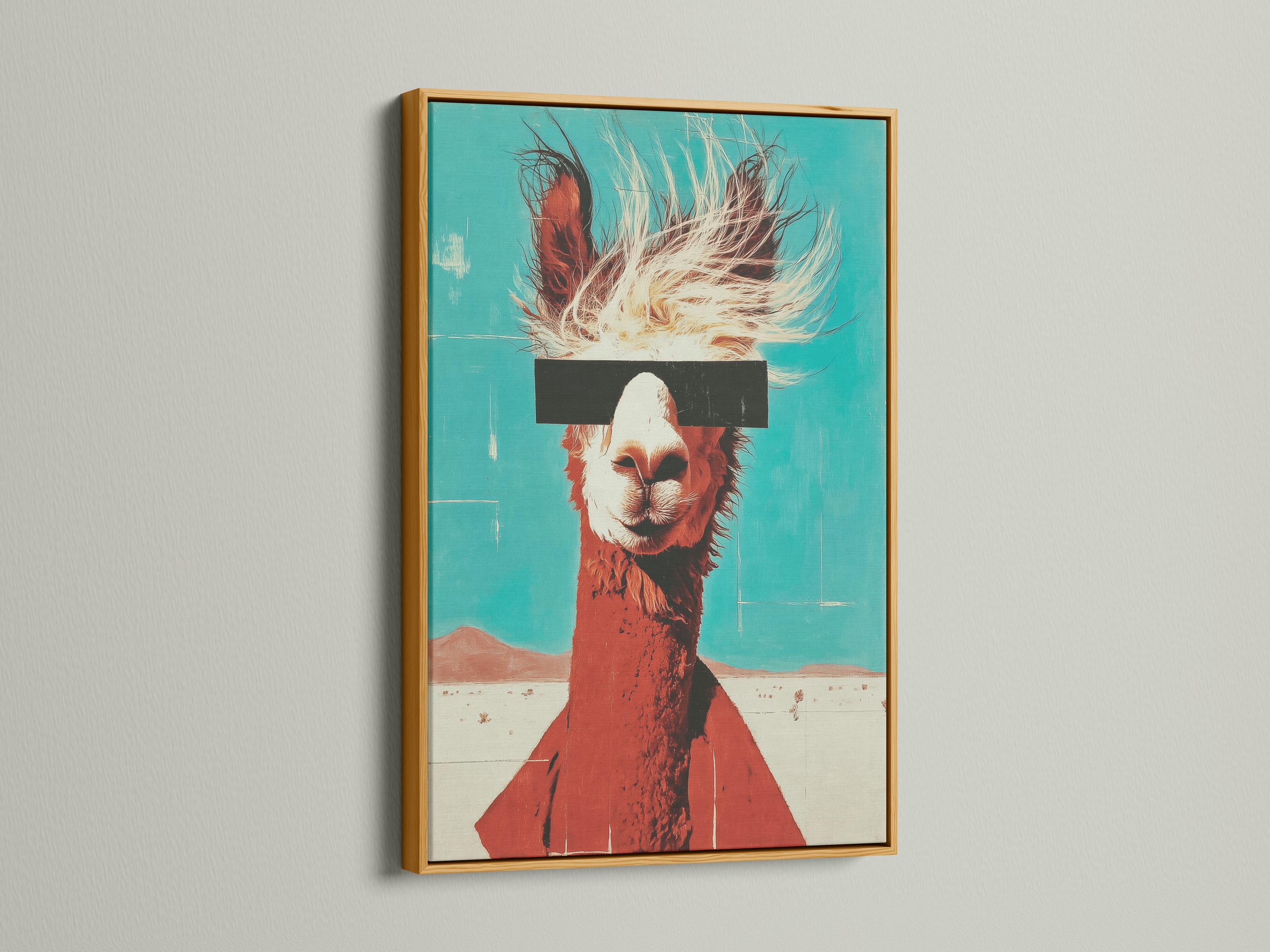 Stylised llama portrait on a turquoise background with rust-brown body and cream fur lines detail view