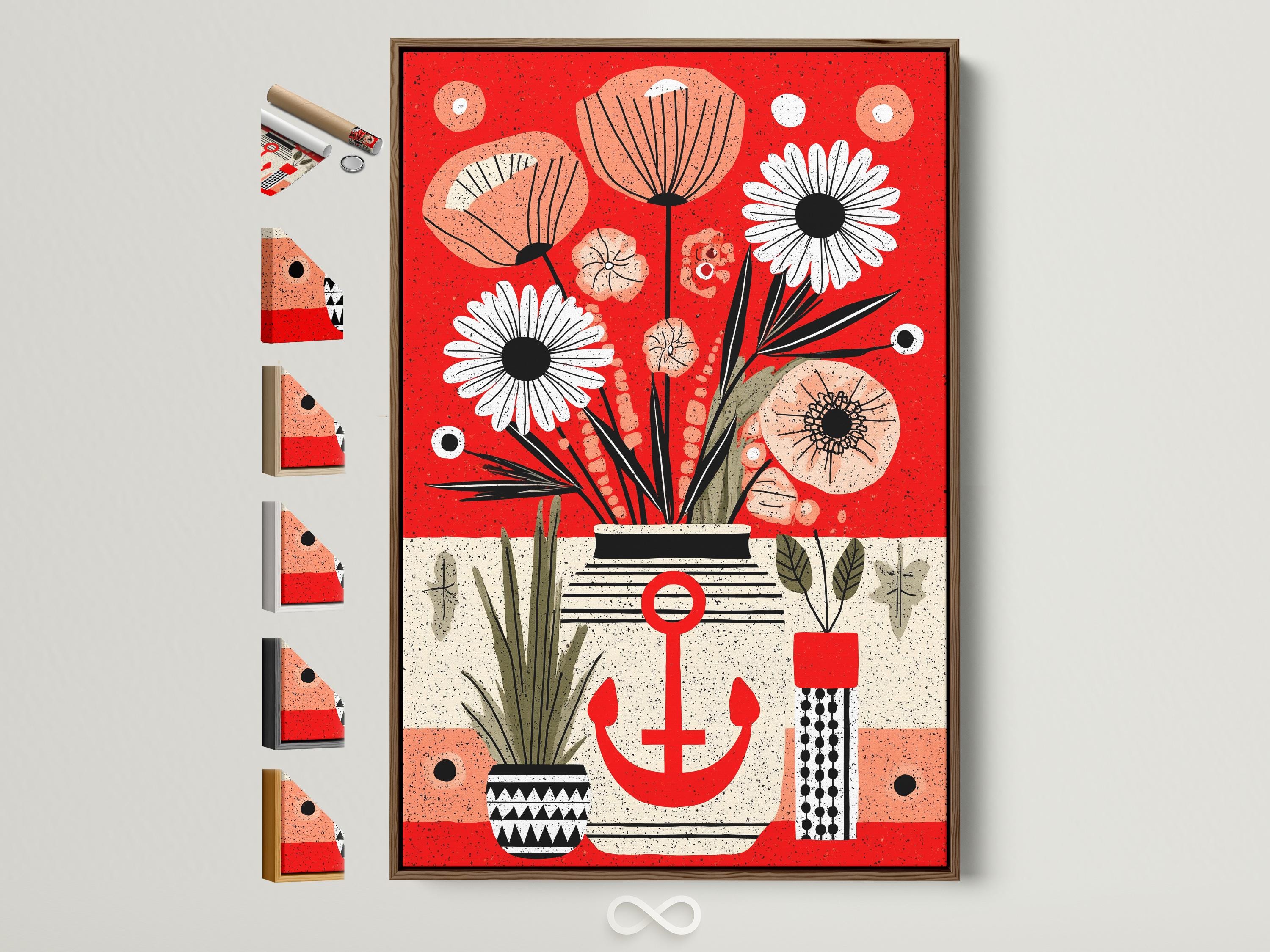 Woman looking at red anchor floral artwork in a modern room